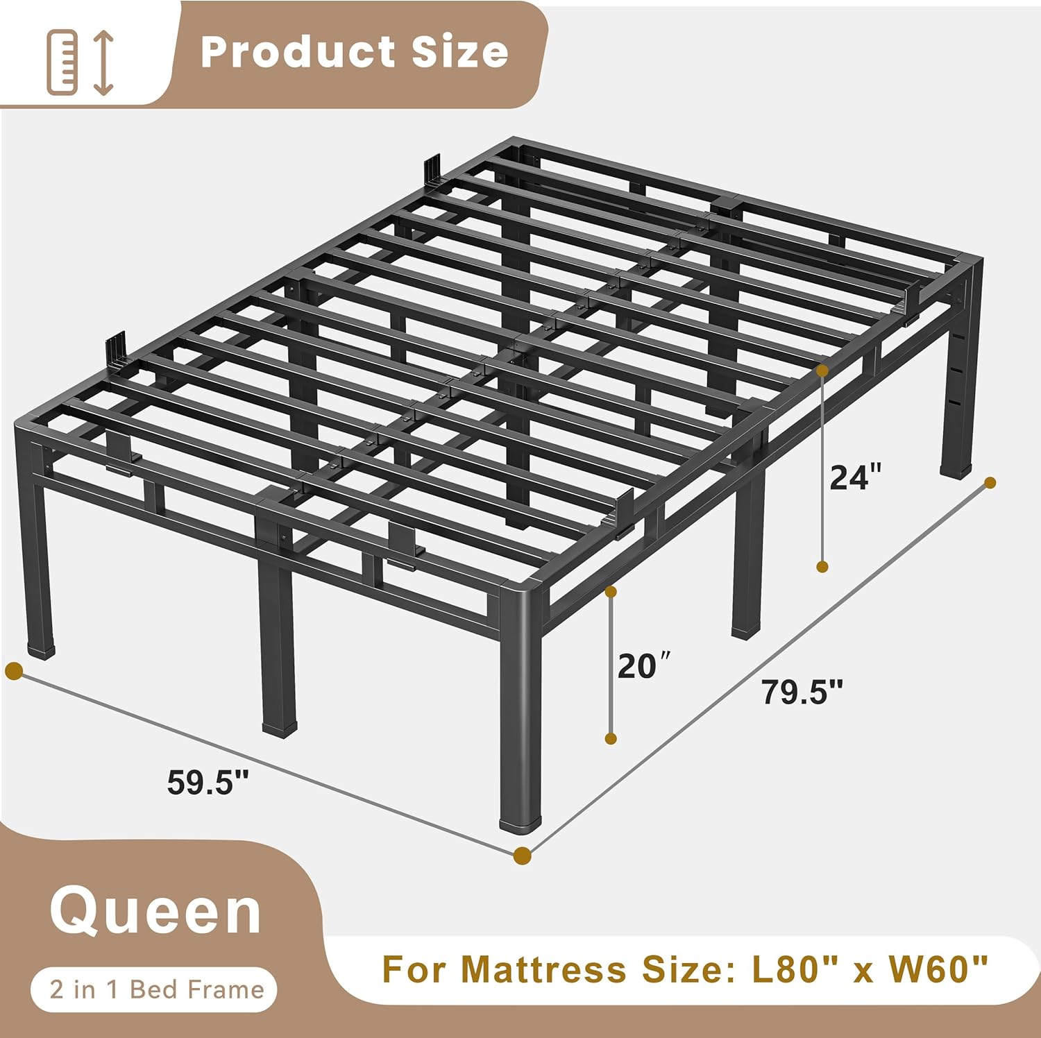 ROIL 24 Inch Queen Size Bed Frame, Metal Bed Frame & Box Spring 2 in 1 Platform with Round Corner Legs, 4000LBS Double Layer Bed Frame with Headboard Holes Mattress Baffles, Noise-Free Easy Assembly