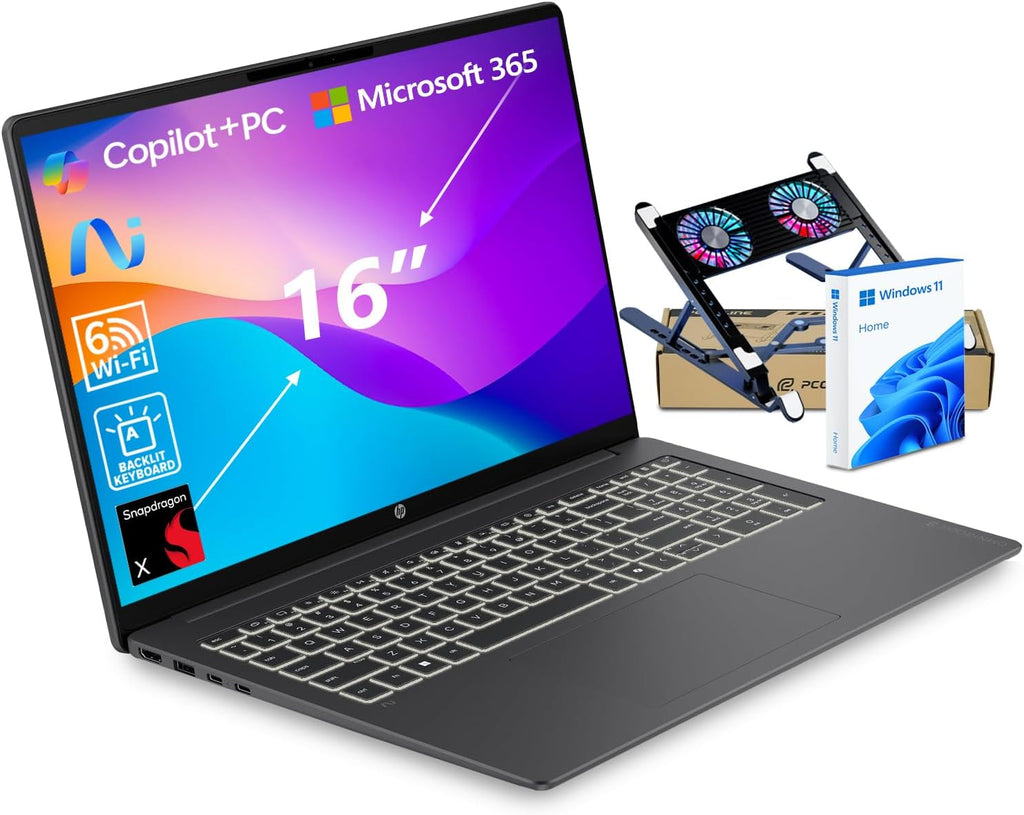 HP OmniBook 3 16" 2K New Model Laptop w/Microsoft 365, Qualcomm 8-Core CPU for Copilot+, 16GB RAM, 1TB SSD, Backlit & Numeric Keyboard, Windows 11 Home, w/Laptop Cooler, Mica Black (16-bz0010wm)