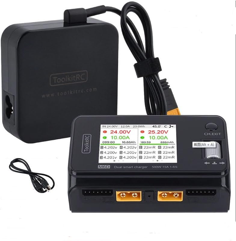ToolkitRC M6D 15A x 2 DC Dual-Channel Output 1-6s Charger Discharger and ADP100 100w 20v 5A Power Supply Unit Set Sell, Black