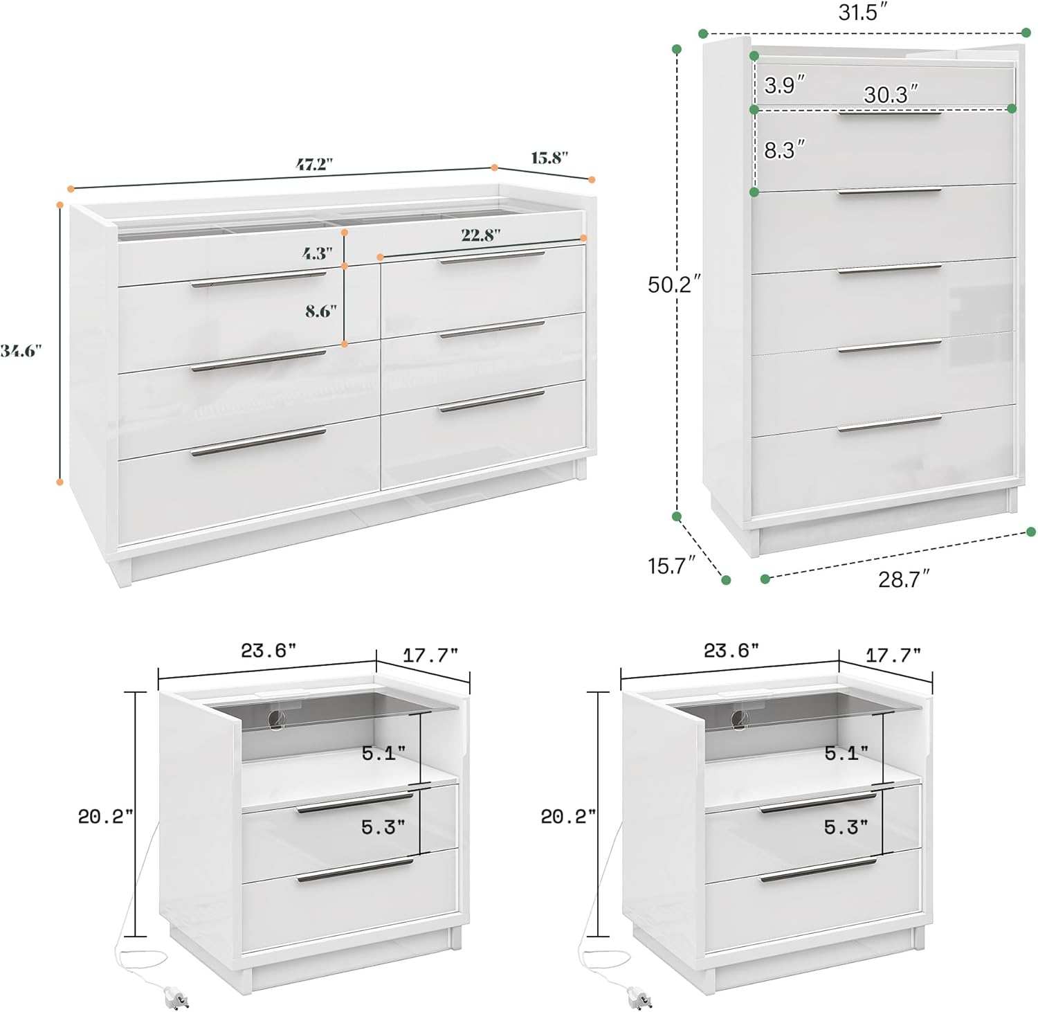 AMERLIFE 4 Piece Bedroom Furniture Set, 2 Nightstands with Charging Station, 8 Drawer Dresser with LED Light & 5 Drawer Chest, Modern High Gloss UV Finish, Bedroom Storage Organizer, White