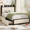 Twin Size Bed Frame with 2 Storage Drawers and Charging Station, Rustic Linen Upholstered Platform Bedframe with Storage Headboard, Heavy Duty, No Box Spring Needed, Easy Assembly, Noise Free, Beige