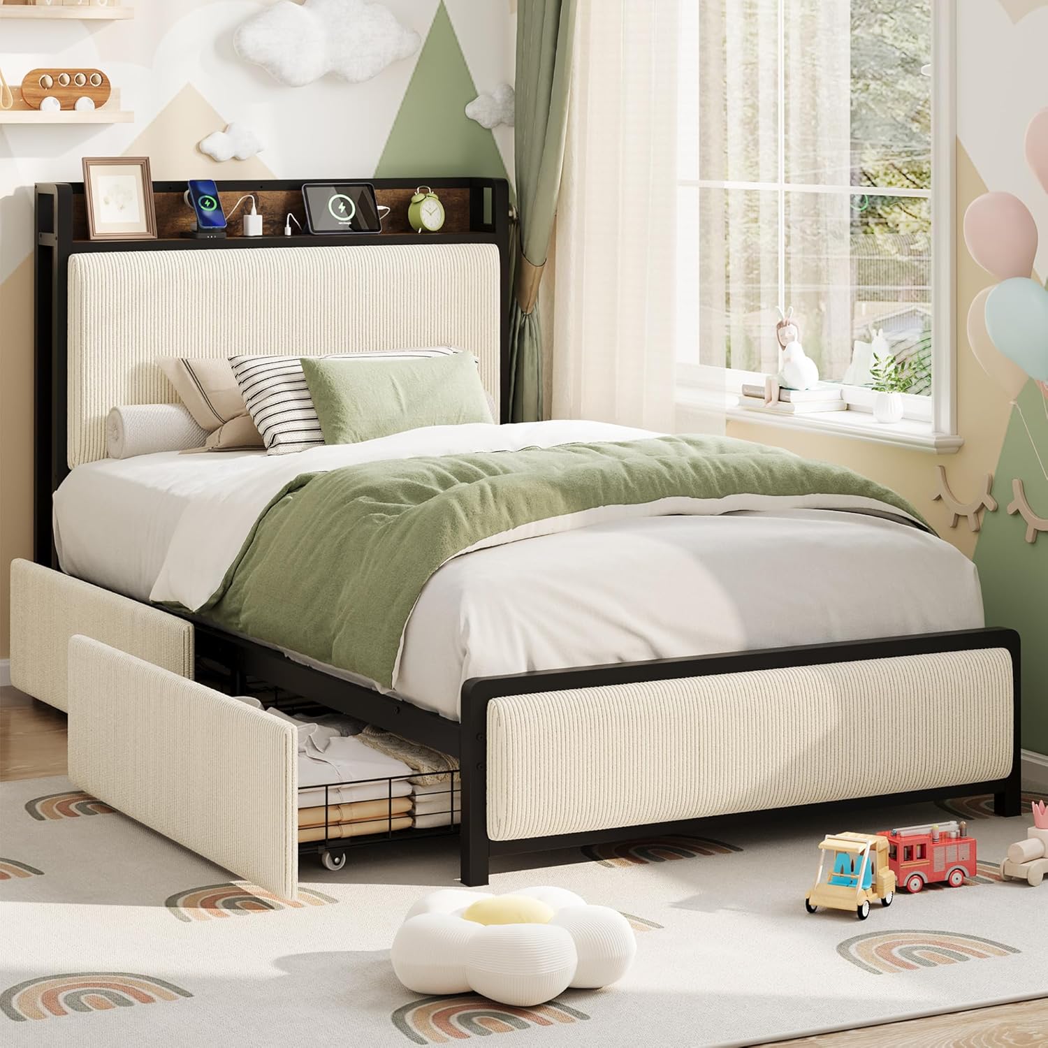 Twin Size Bed Frame with 2 Storage Drawers and Charging Station, Rustic Linen Upholstered Platform Bedframe with Storage Headboard, Heavy Duty, No Box Spring Needed, Easy Assembly, Noise Free, Beige