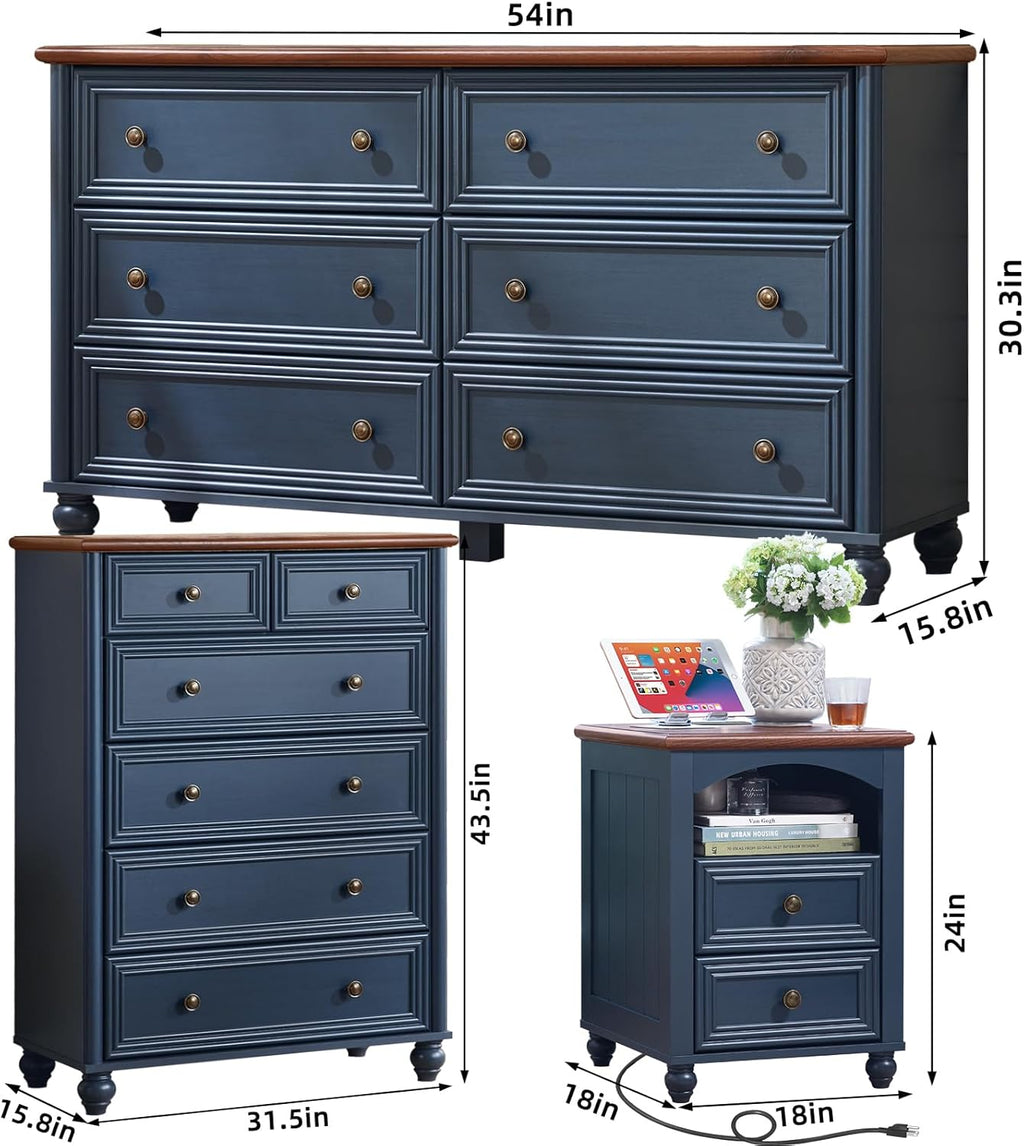 Farmhouse Dressers & Night Stand Set of 4, Wood 54" Wide Dresser & 43.5"Tall Chest of Drawers, 18" with Charging Station Nightstand Set of 2, Bedroom Furniture Dresser Set for Home Living Room Hallway