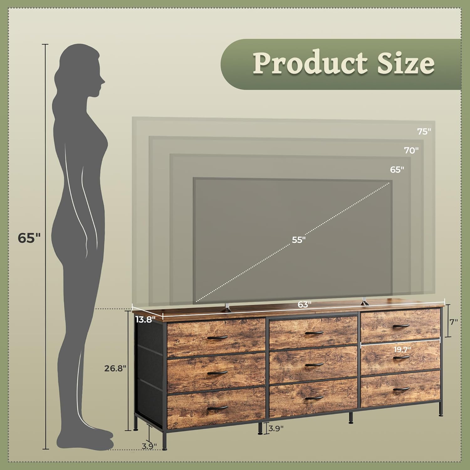 Huuger 63 Inch Dresser for Bedroom, Dresser for Closet with 9 Fabric Drawers, Large TV Stand for 55, 65, 70 Inch TV, Entertainment Center with Storage, Wide Long Chest of Drawers, Rustic Brown
