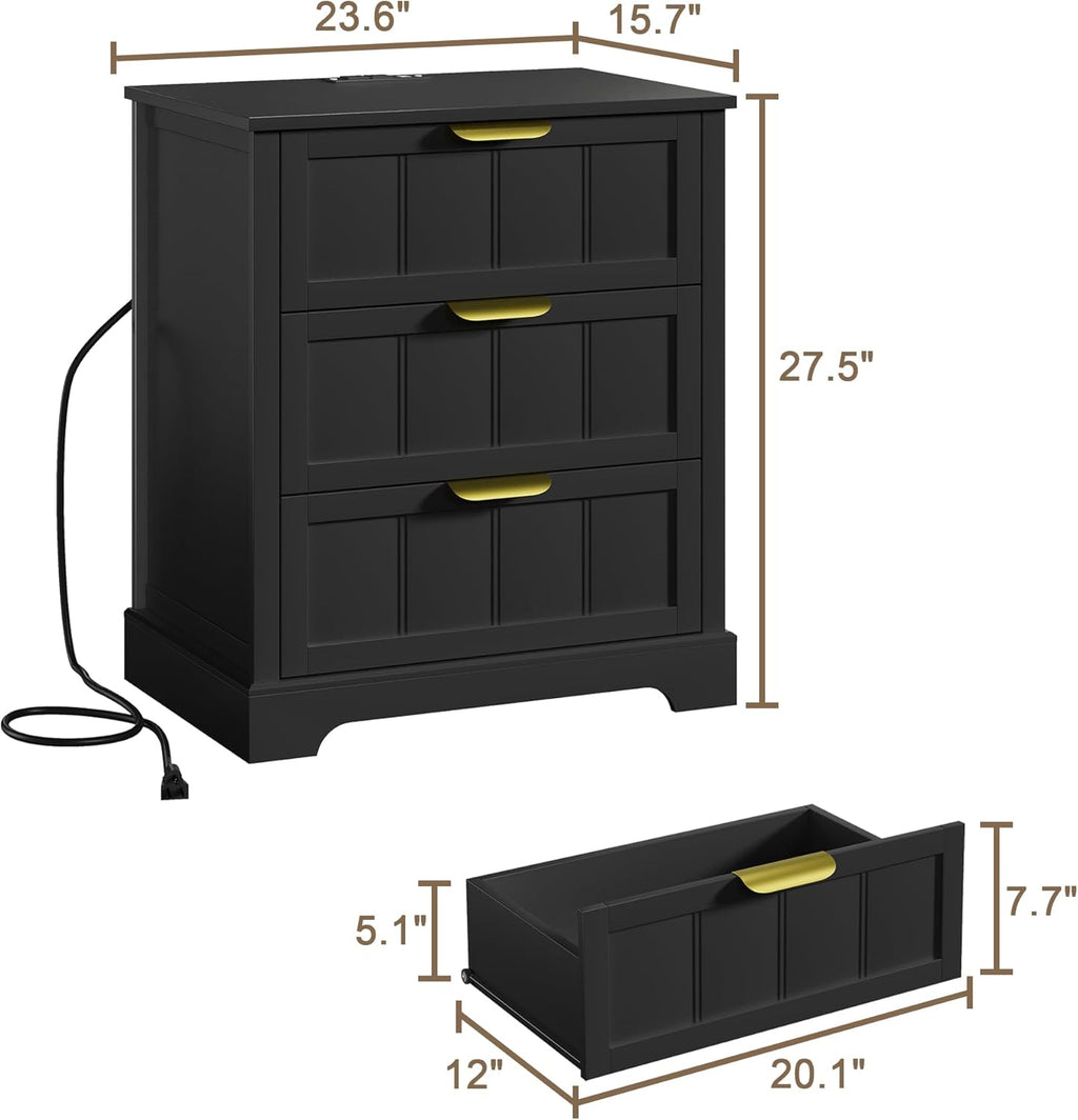 ChooChoo 27" Black Nightstand Set of 2, 3 Drawer Night Stand with Charging Station, Larger Bedside Table with USB-C Port, Modern End Table with Storage for Bedroom