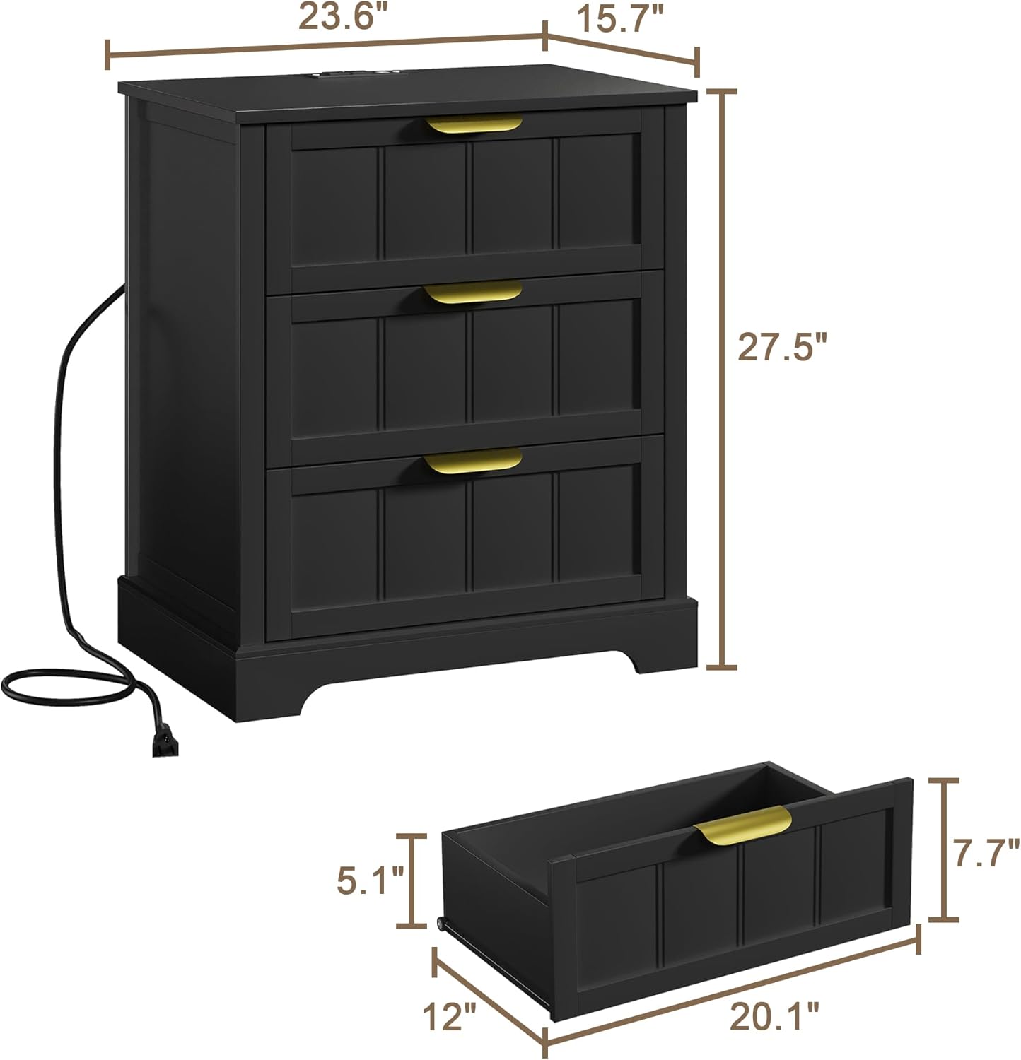 ChooChoo 27" Black Nightstand Set of 2, 3 Drawer Night Stand with Charging Station, Larger Bedside Table with USB-C Port, Modern End Table with Storage for Bedroom
