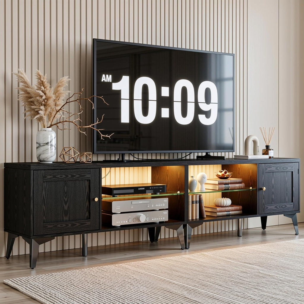 LIKIMIO 2-in-1 TV Stand for 85 Inch TV, Black TV Consoles with LED Lights & Charging Station, Entertainment Center with Storage Cabinets & Adjustable Glass Shelves, TV Table for Living Room & Bedroom