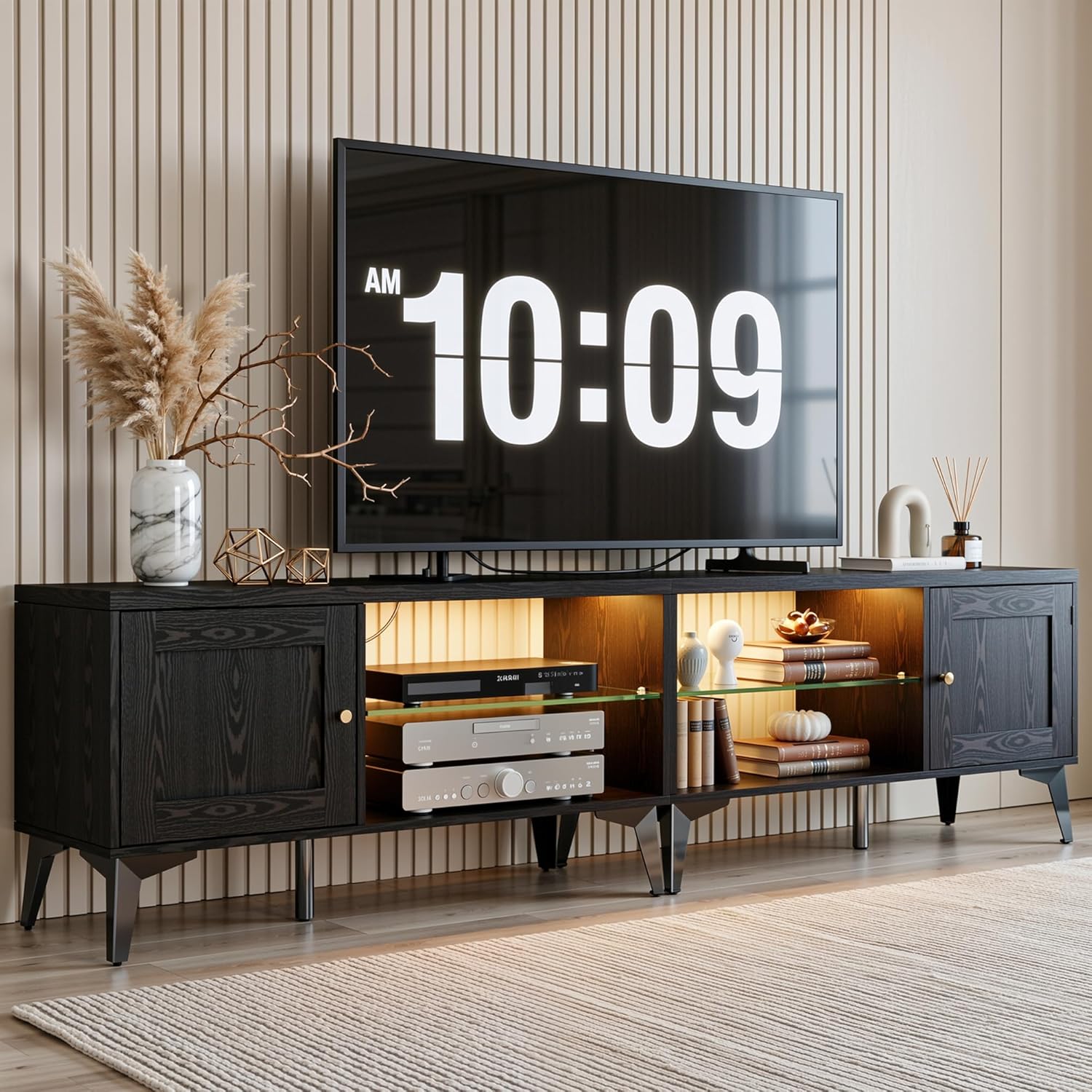 LIKIMIO 2-in-1 TV Stand for 85 Inch TV, Black TV Consoles with LED Lights & Charging Station, Entertainment Center with Storage Cabinets & Adjustable Glass Shelves, TV Table for Living Room & Bedroom