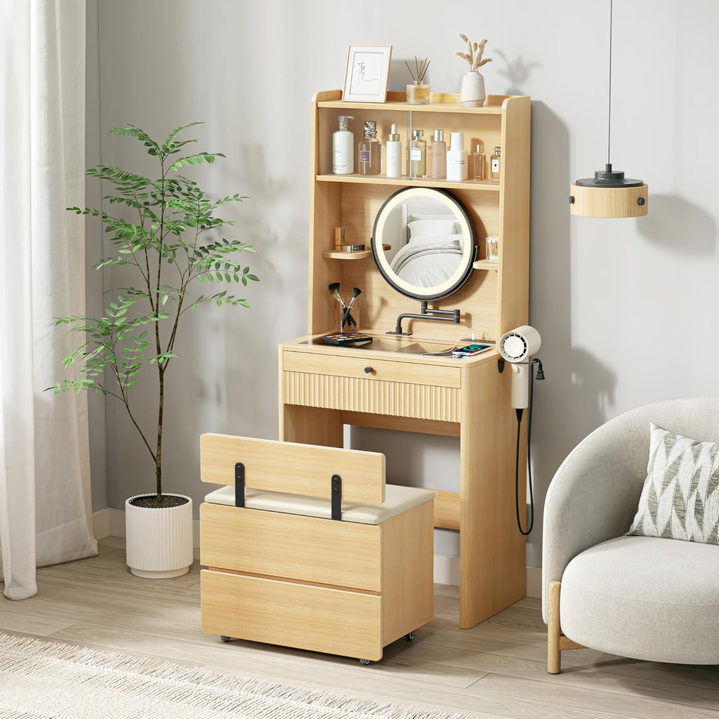 IRONCK Vanity Desk with Adjustable Makeup Mirror and LED Lights, Modern Glass Top with Storage Drawers & Shelves, Hidden Stool Storage, Dressing Table Set w/Charging Station for Bedroom, Oak