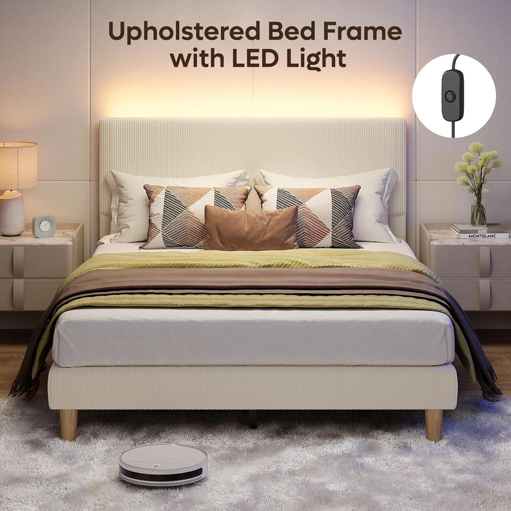 Bestier Queen Bed Frame with Headboard,Platform Queen Size Bed Frame with LED Lighting,Bed Frame Wooden Slats Support,No Box Spring Needed,Never Squeaks, Easy Assembly,Beige
