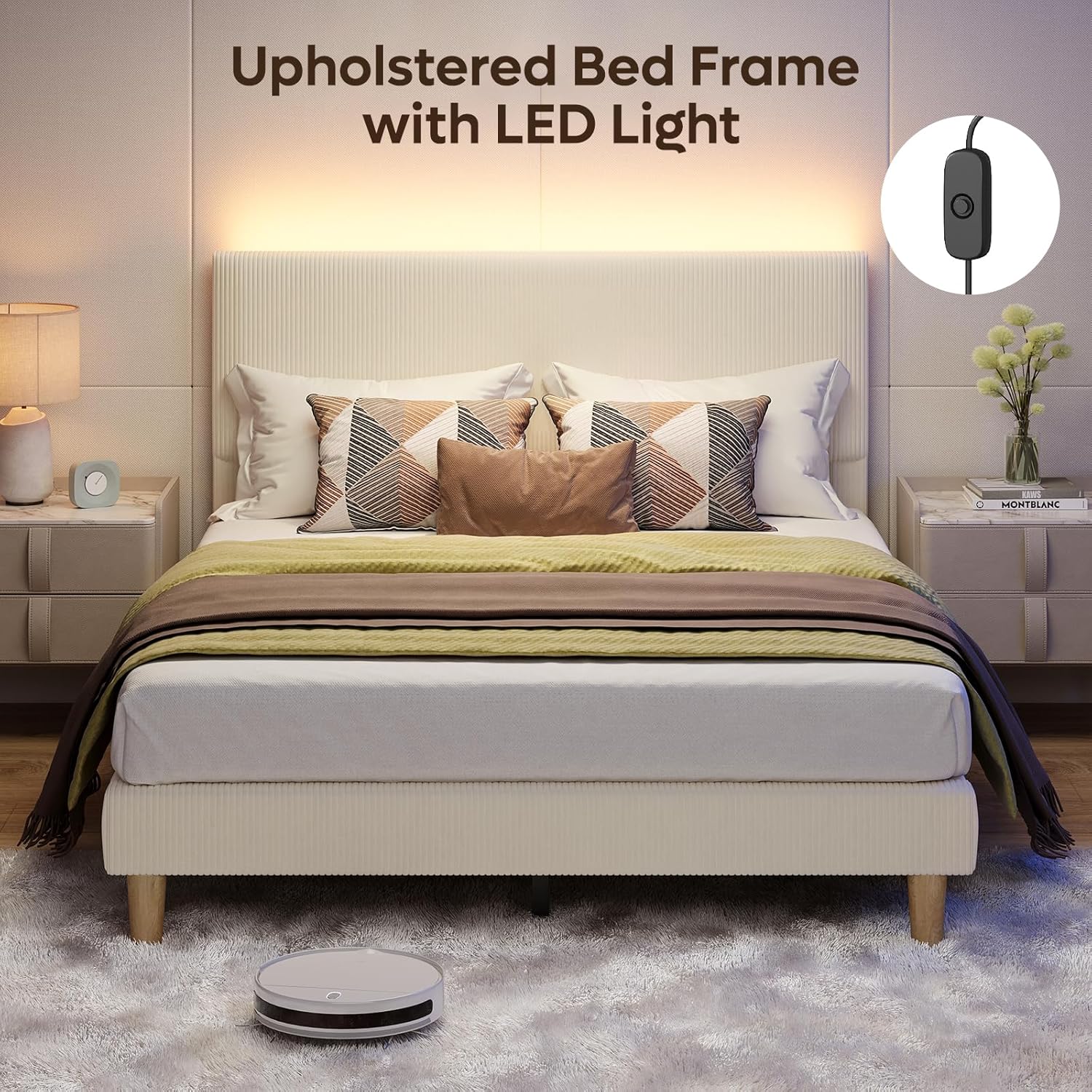 Bestier Queen Bed Frame with Headboard,Platform Queen Size Bed Frame with LED Lighting,Bed Frame Wooden Slats Support,No Box Spring Needed,Never Squeaks, Easy Assembly,Beige