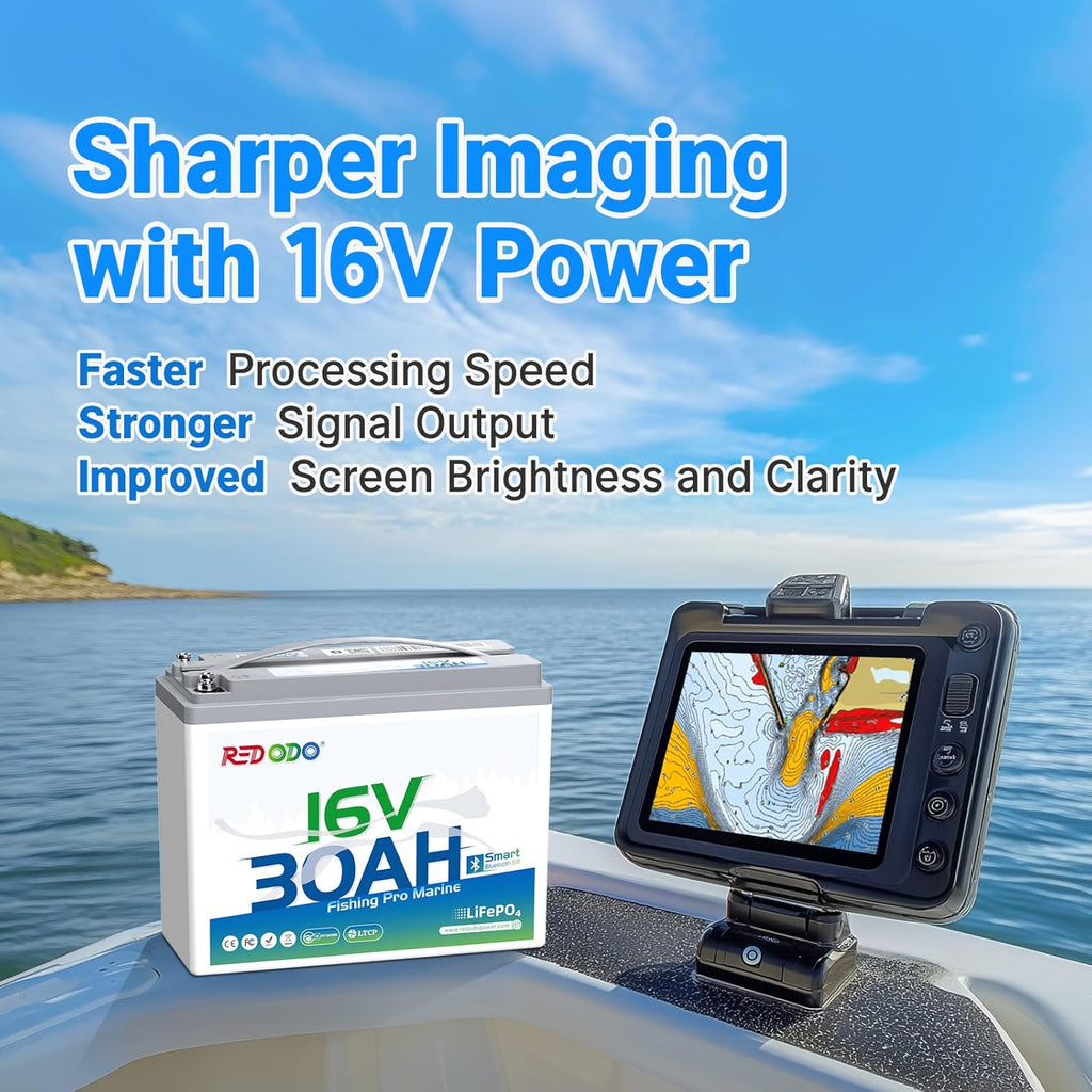 Redodo 16V 30Ah Bluetooth Lithium Marine Battery and 18.25V 10A Charger Set, Low-Temp Cutoff Protections, Perfect for Marine Devices Such as Sonar, Radar, GPS, Fish Finder