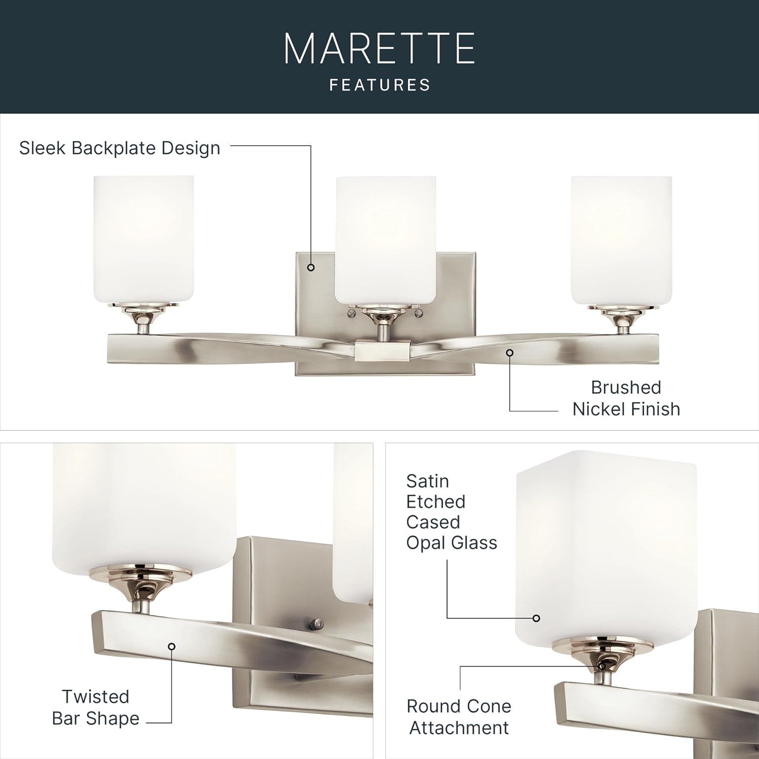 Kichler Marette 22.75" Vanity Light in Brushed Nickel, 3-Light Modern Bathroom Light with Satin Etched Cased Opal Glass, (22.75" W x 8" H), 55002NI
