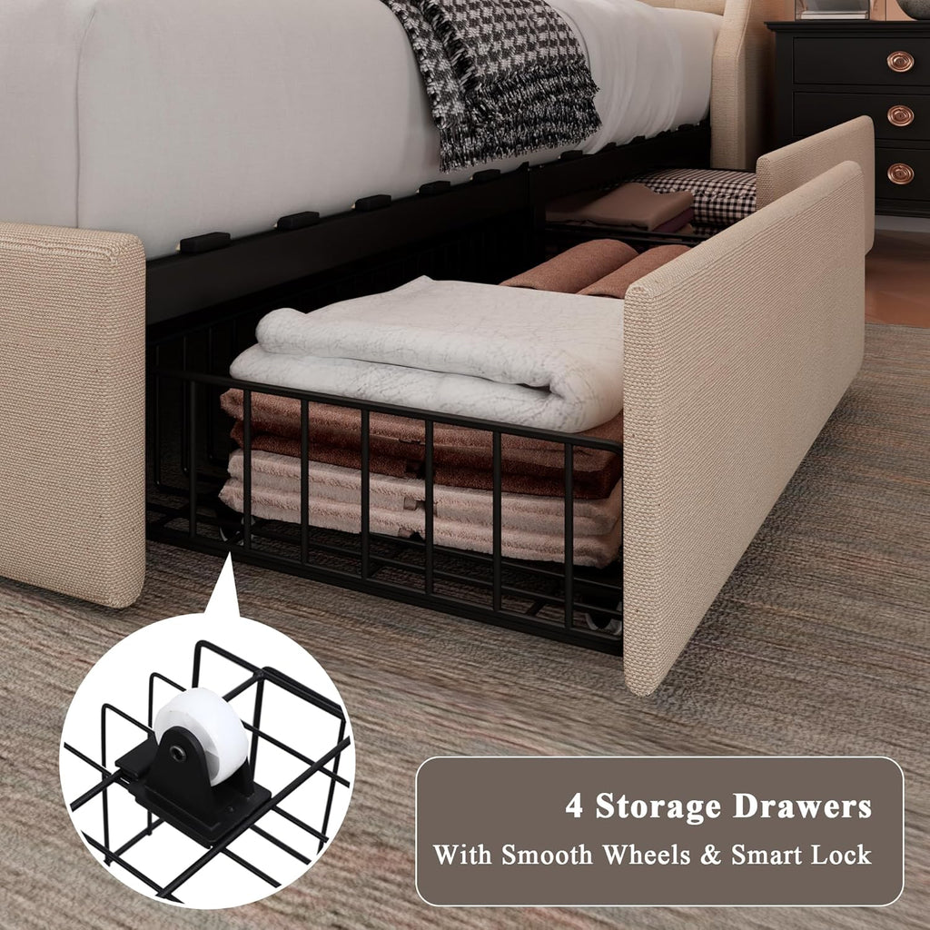Feonase Upholstered Queen Bed Frame with 4 Storage Drawers, Charging Station and Tufted Wingback Storage Headboard, No Box Spring Needed, Easy Assembly, Beige