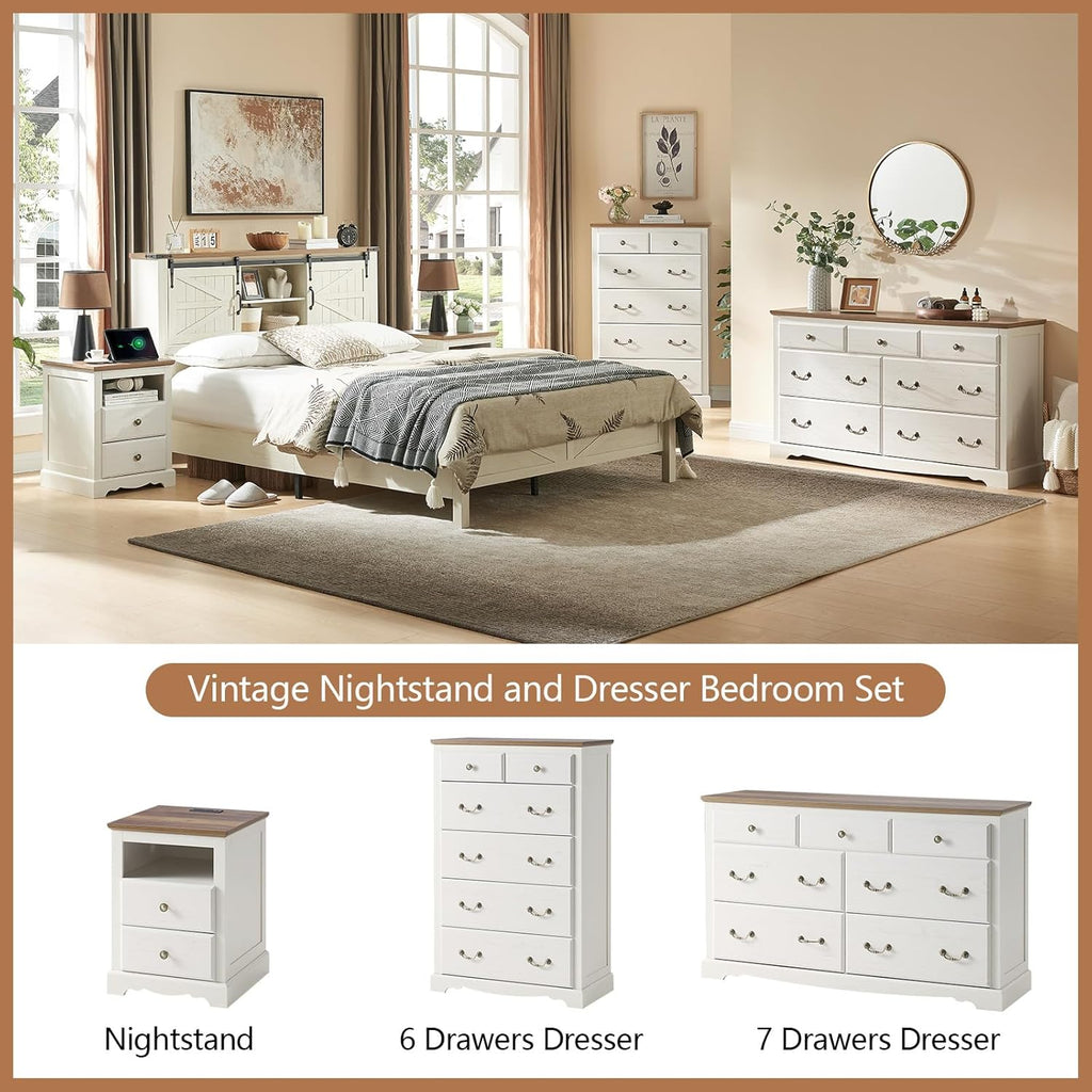 AMERLIFE Farmhouse 4 Pieces Bedroom Sets Includes 7 Drawers Dresser, 6 Dressers Organizer, Two Nightstands with Charging Station, White