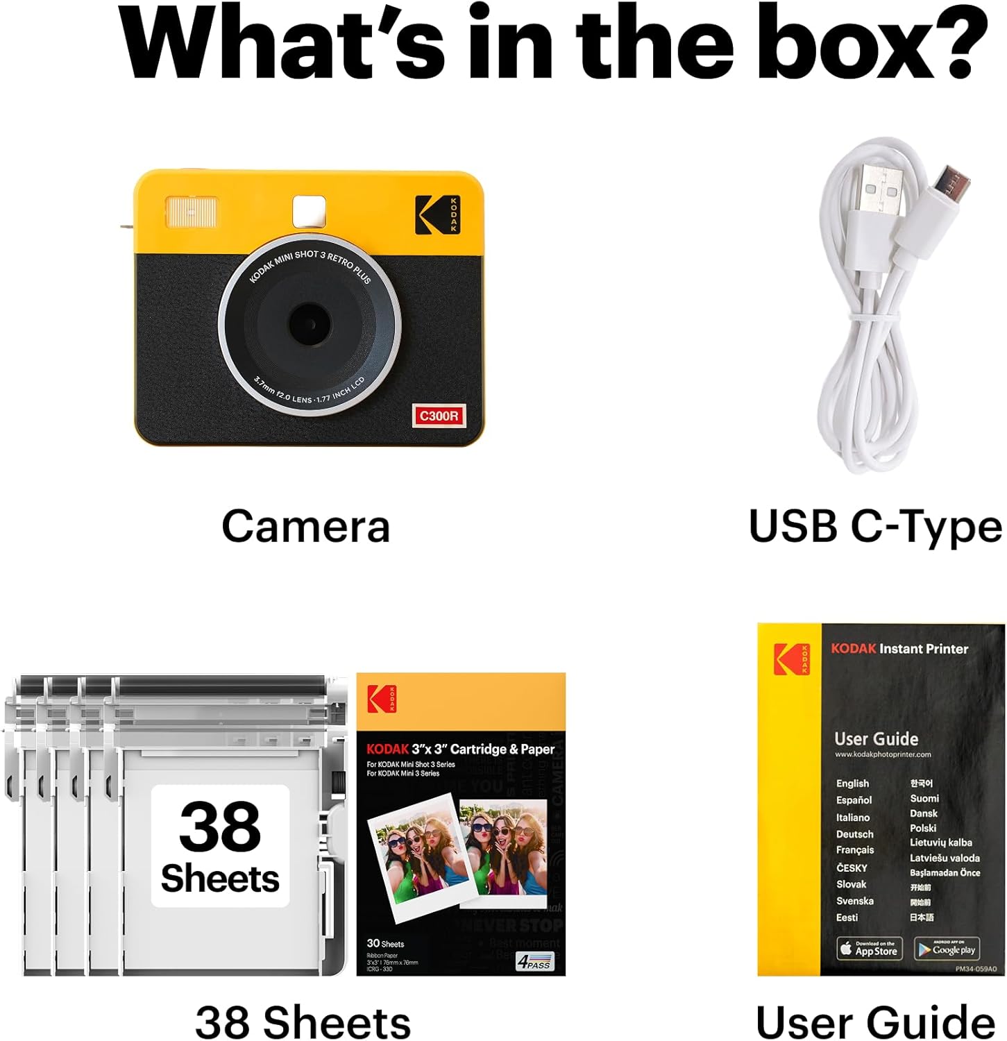 KODAK Mini Shot 3 Retro 3x3” Instant Digital Camera & Photo Printer, 38 Sheets, 2-in-1 Portable Print Camera, Bluetooth Smartphone Printer for iOS & Android, 4PASS Dye Sublimation, Yellow