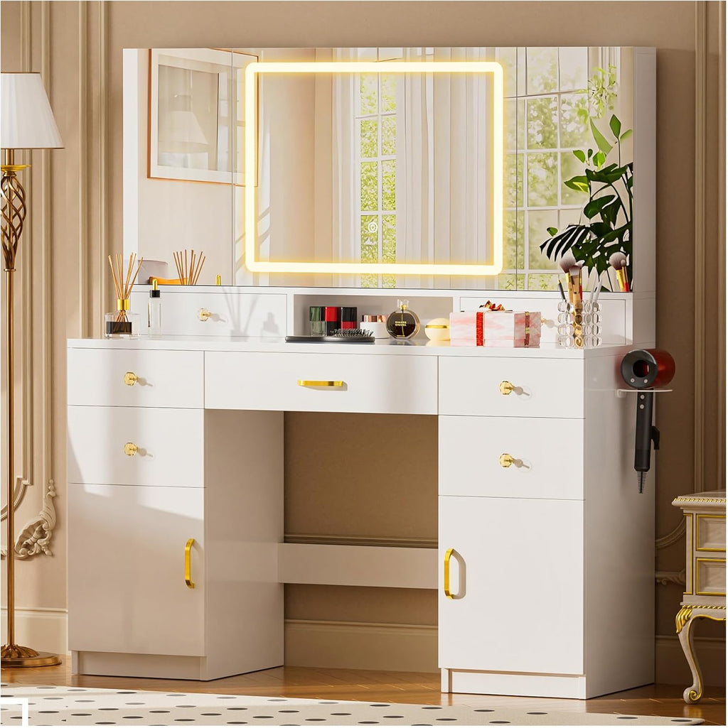 COMHOMA Vanity Desk with 3 Way Mirror and Lights, Large Makeup Vanity Table Set with Charging Station, 3 Lighting Modes & 360° View Mirror, 7 Drawers Dressing Table for Women Girls Bedroom, White