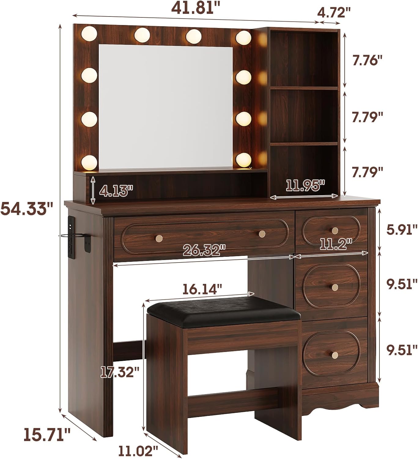Vabches 42" W Walnut Makeup Vanity Desk with Mirror and Lights and Charging Station, Dark Brown Wood Vanity with Open Storage and Drawers and Stool Chair, Dressing Table Make Up Desk for Bedroom