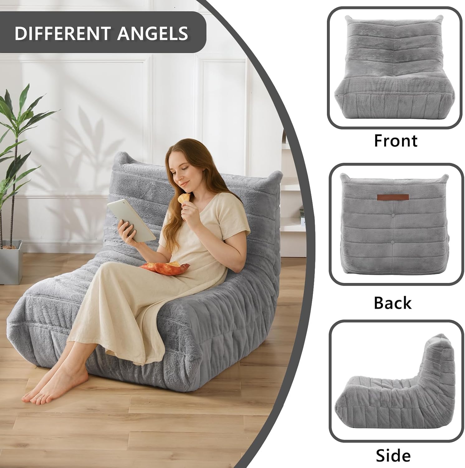 Bean Bag Chair for Adults, Giant Bean Bag Sofa Oversized Beanbag Chairs, Fireside Bean Bag Couch with High Density Sponge Filled Large Bean Bags Chair for Apartment Living Room Bedroom, Gray