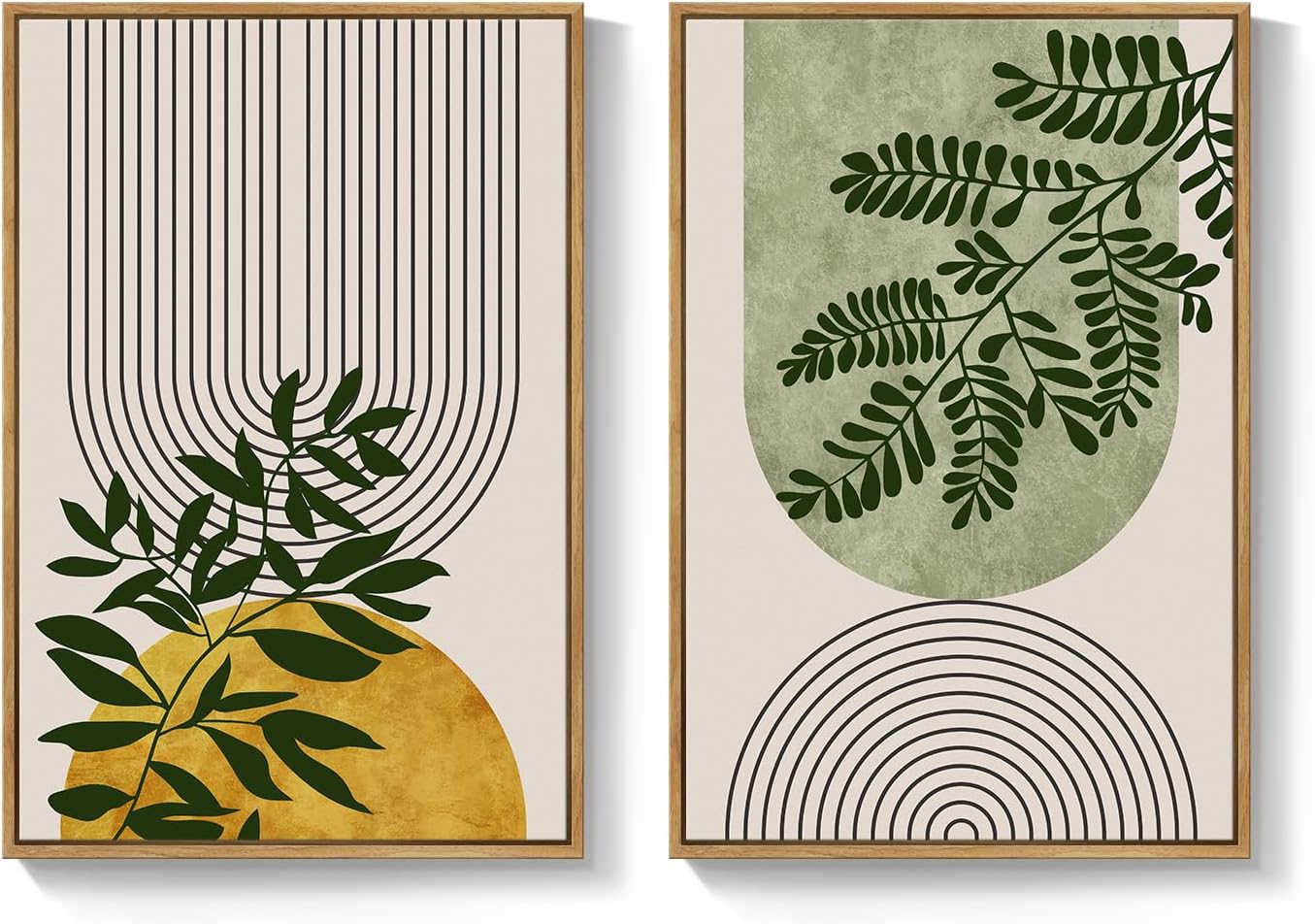 Large Framed Green Boho Wall Art Set of 2 for Living Room, Mid Century Modern Bohemian Botanical Geometric Artwork for Walls, Neutral Canvas Painting Print Wall Decor for Bedroom Home Office, 24x36 In