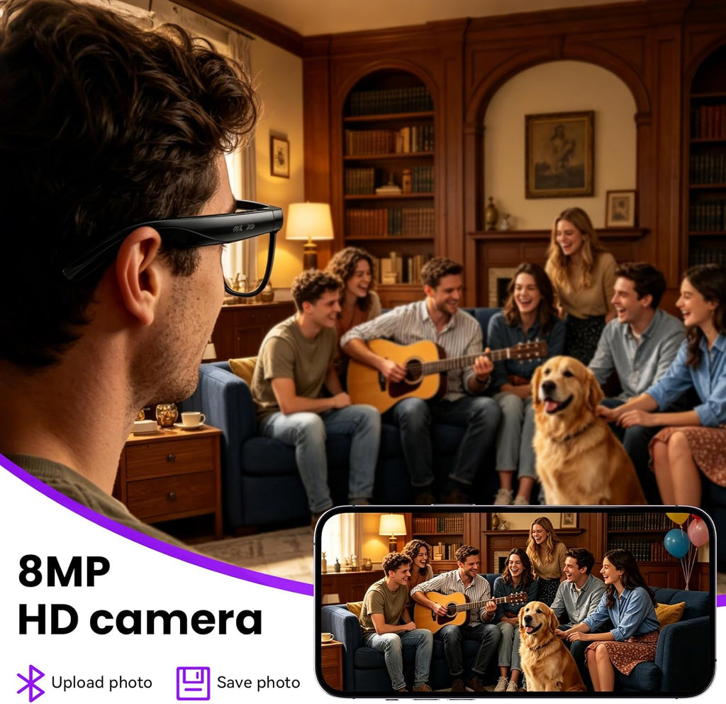 Hwagol Smart Glasses with Camera, 8MP HD Photo and Video Recording,AI Glasses with Real-Time Translation/Object Recognition/AI Voice Q&A/Recording, Calls and Music,UV & Blue Light Protection (Clear)