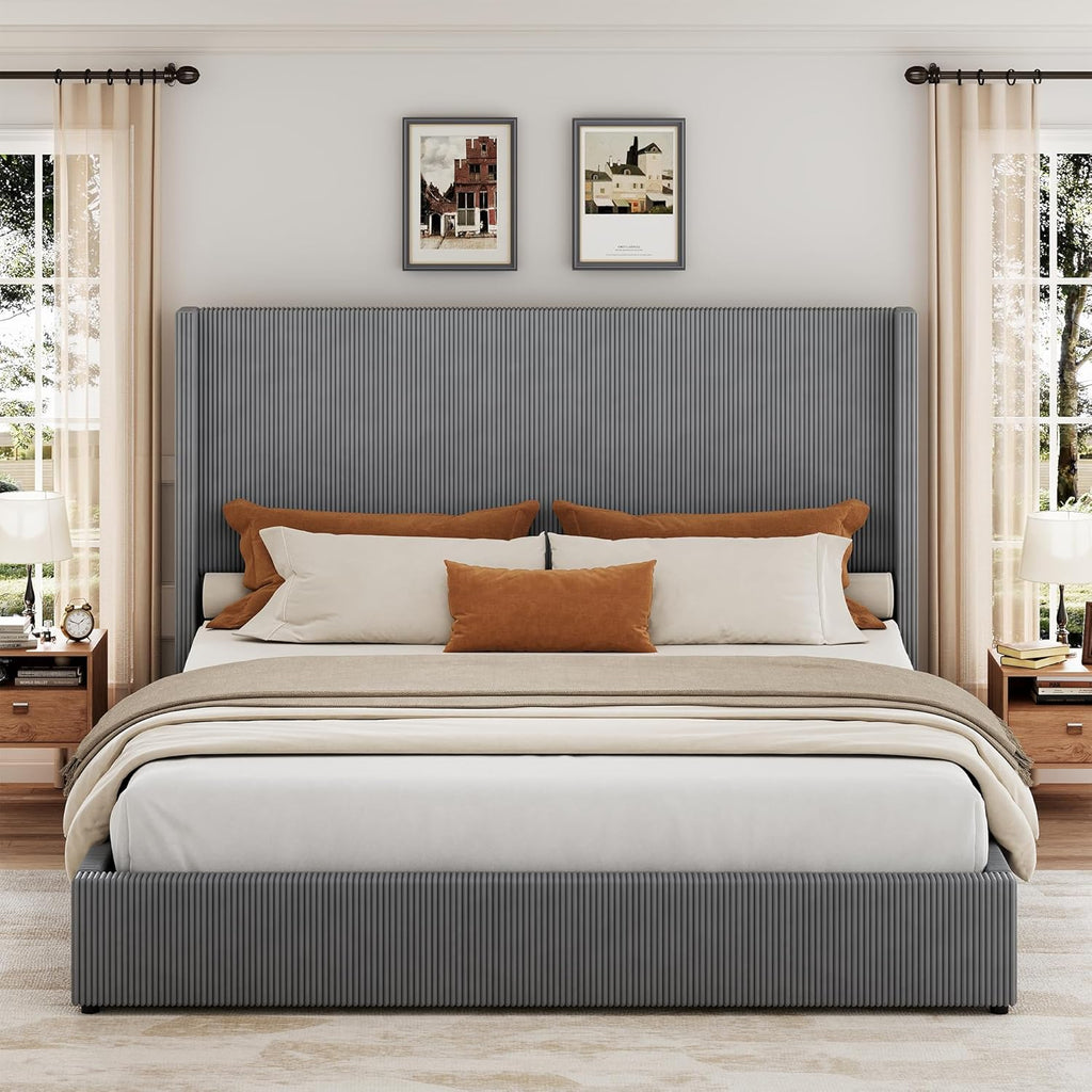 GarveeHome Queen Grey Storage Bed Frame, Corduroy Upholstered Platform Bedframe with 4 Drawers and Headboard, No Box Spring Needed, Easy Assembly