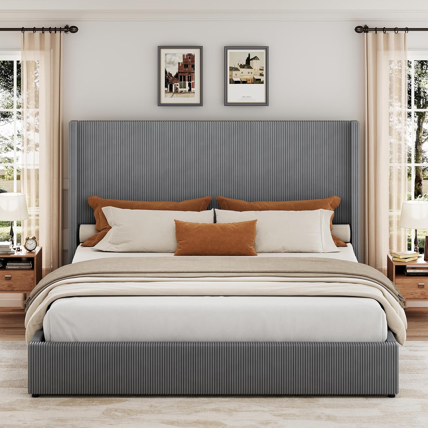 GarveeHome Queen Grey Storage Bed Frame, Corduroy Upholstered Platform Bedframe with 4 Drawers and Headboard, No Box Spring Needed, Easy Assembly