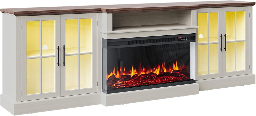 98" Farmhouse TV Stand with 36" Fireplace for TVs up to 100", Media Entertainment Center with Adjustable Shelves and Large Storage Cabinets, for Living Room, White & Black