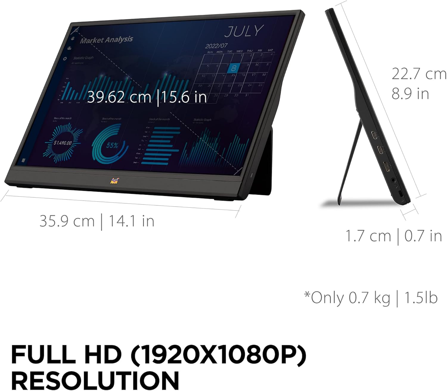 ViewSonic VA1655 15.6 Inch 1080p Portable Monitor, IPS Display with Eye Care for Comfortable Mobile Workspaces, Built-in Stand, 60W USB-C, Mini HDMI, and Protective Case