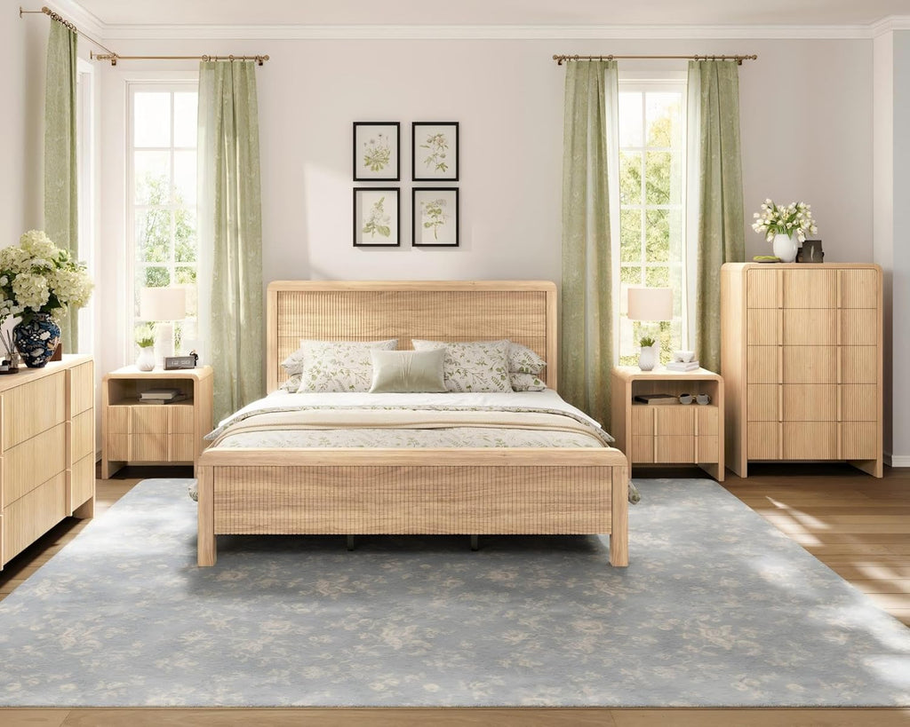 AMERLIFE 4-Piece Modern Fluted Bedroom Furniture Set, Including Wood Queen Size Bed Frame with Headboard & Footboard, 5 Drawer Tall Dresser, Storage Night Stand Set of 2, Natural Oak