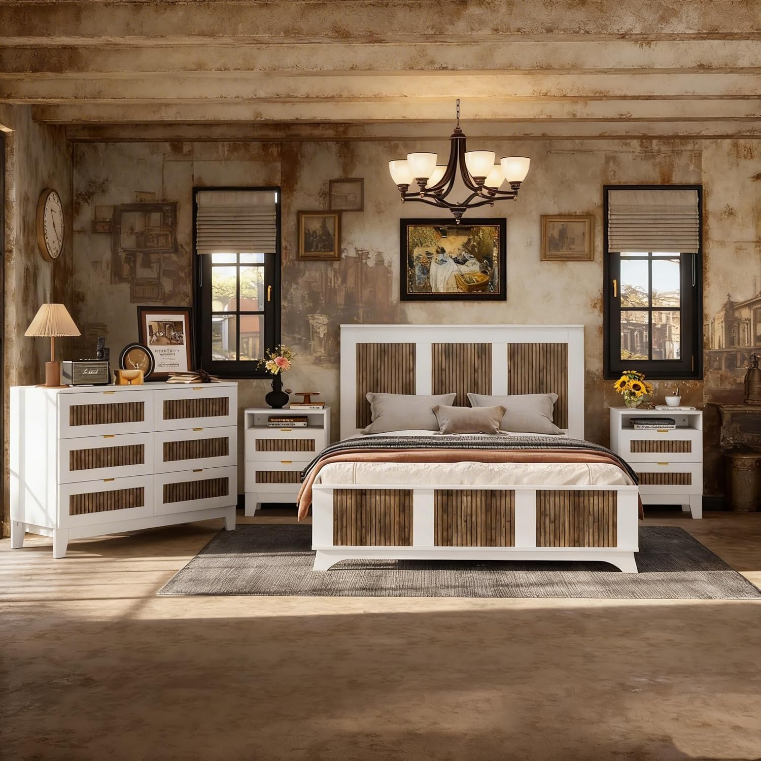 SOFTSEA 4 Piece Farmhouse Queen Size Bedroom Set with Storage, Solid Wood Platform Bed with Wooden Strip Decoration Headboard, 4 Piece Bedroom Furniture Set, White