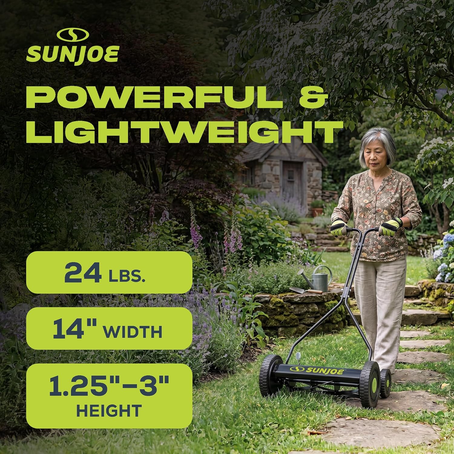 Sun Joe Manual Push Reel Lawn Mower with 9 Adjustable Positions, 14-Inch Cutting Width - Heavy-Duty Yard Trimming Machine for Gardening Care and Maintenance, MJ503M
