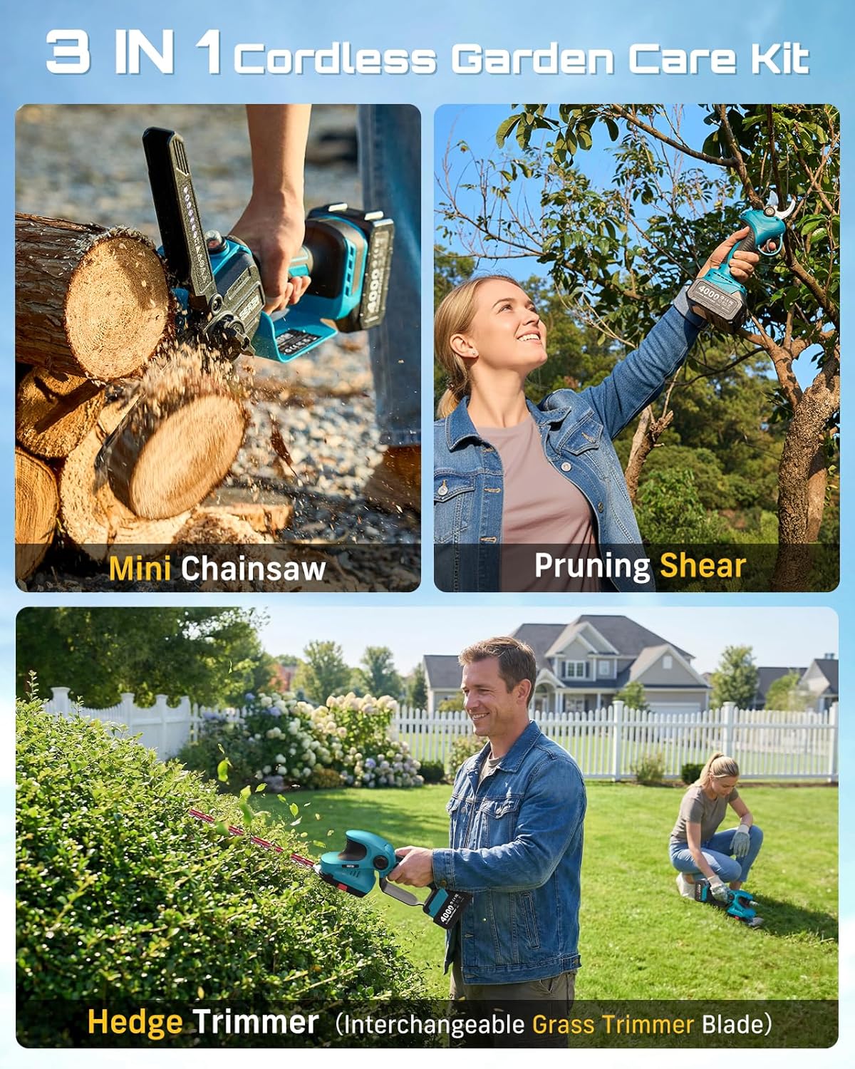 SEESII Electric Chainsaw Trimmer Pruner: 4-in-1 Cordless Chainsaw, Hedge Trimmer, Pruning Shears with 2× Rechargeable 4000mAh Batteries, Garden Tool Kit for Tree Trimming and Branch Cutting