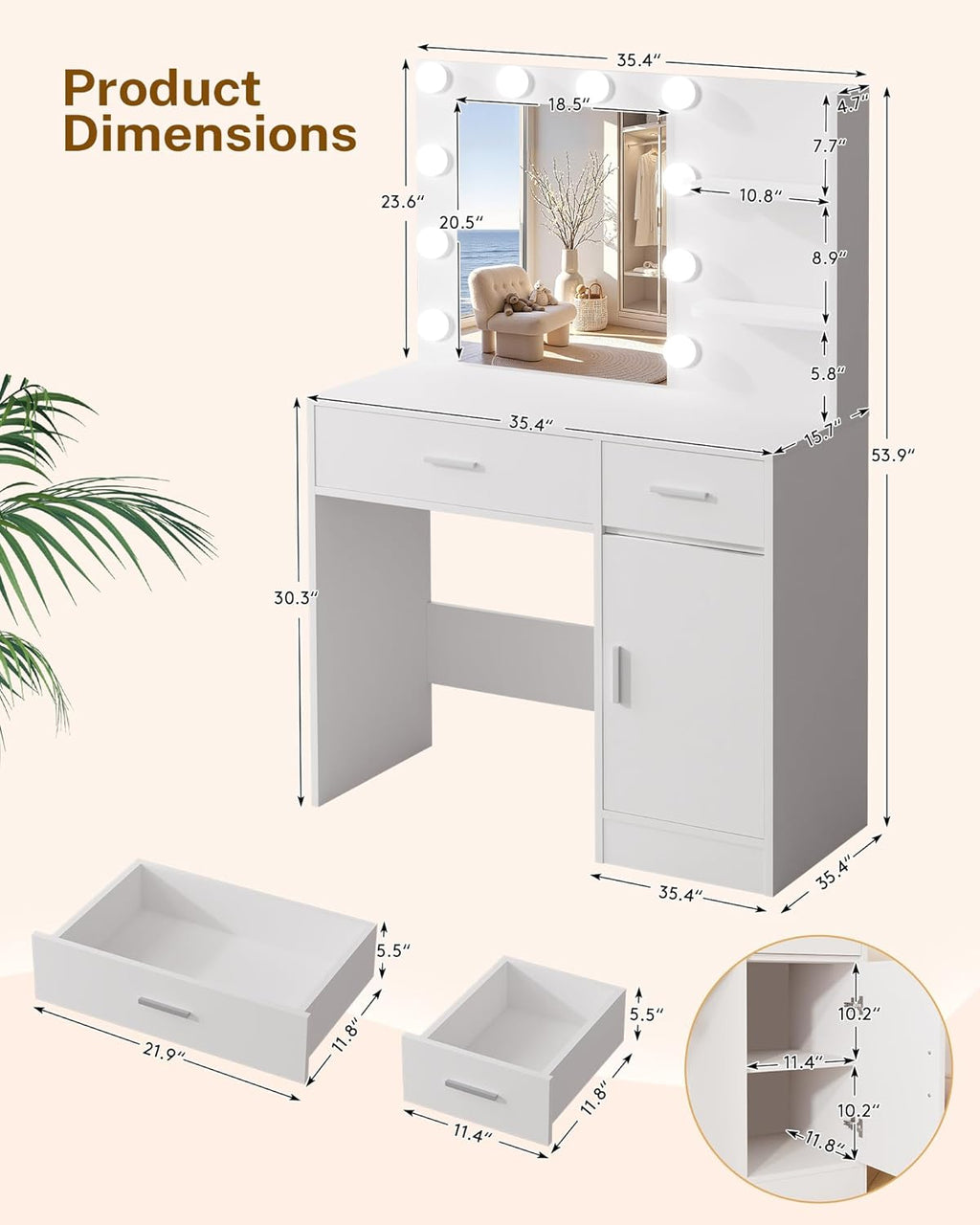 LIVELYGLOW White Makeup Vanity with 10 Hollywood Light Bulbs, 35.4" Wide Dressing Table with Large Mirror & Dimming Function, Small Space Vanity Desk with 2 Drawers, Storage Cabinet & Shelves