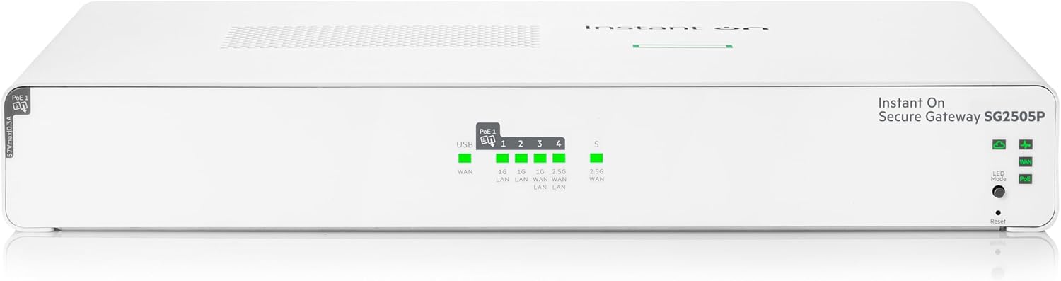 HPE Networking Instant On Secure Gateway SG2505P 5-Port 2.5G Smart-Managed Gateway with PoE, 2X 2.5GBase-T, 3X 1GBase-T, 60W PoE Class 4, US Cord (S0G34A#ABA)