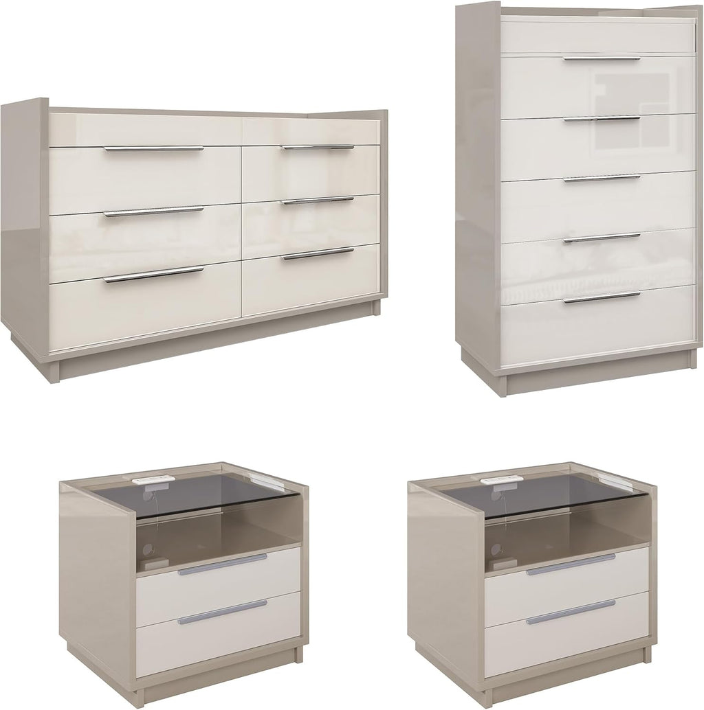 AMERLIFE 4 Piece Bedroom Furniture Set, 2 Nightstands with Charging Station, 8 Drawer Dresser with LED Light & 5 Drawer Chest, Modern High Gloss UV Finish, Bedroom Storage Organizer, Cream & Grey