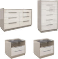 AMERLIFE 4 Piece Bedroom Furniture Set, 2 Nightstands with Charging Station, 8 Drawer Dresser with LED Light & 5 Drawer Chest, Modern High Gloss UV Finish, Bedroom Storage Organizer, Cream & Grey