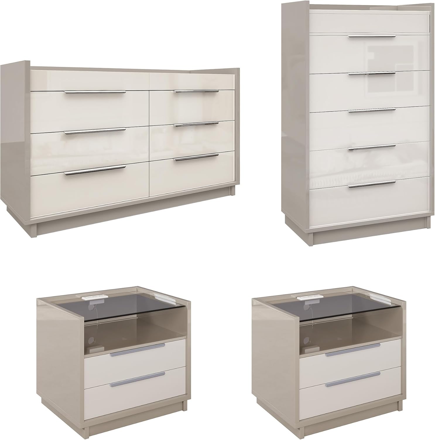 AMERLIFE 4 Piece Bedroom Furniture Set, 2 Nightstands with Charging Station, 8 Drawer Dresser with LED Light & 5 Drawer Chest, Modern High Gloss UV Finish, Bedroom Storage Organizer, Cream & Grey
