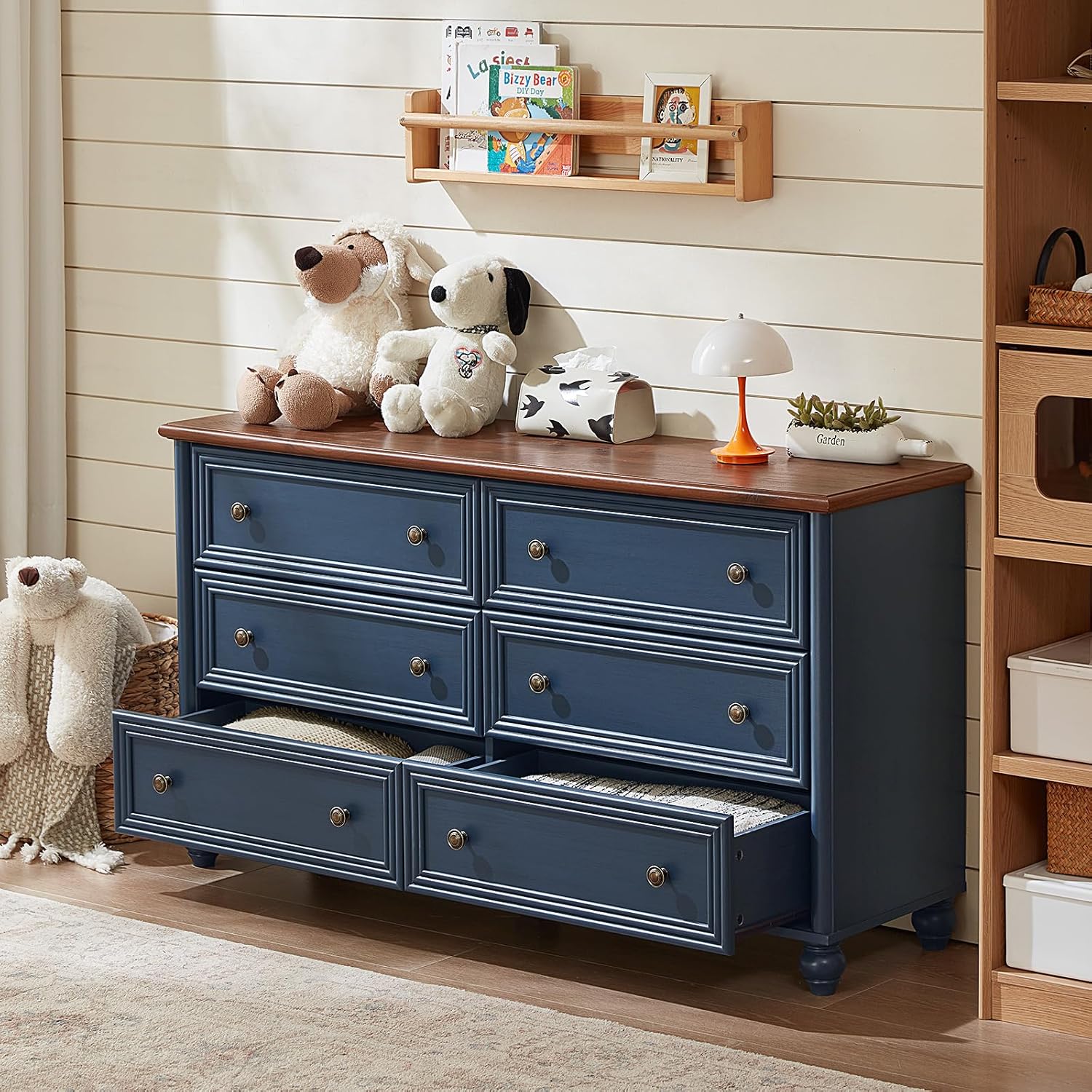 Farmhouse Dressers & Night Stand Set of 4, Wood 54" Wide Dresser & 43.5"Tall Chest of Drawers, 18" with Charging Station Nightstand Set of 2, Bedroom Furniture Dresser Set for Home Living Room Hallway