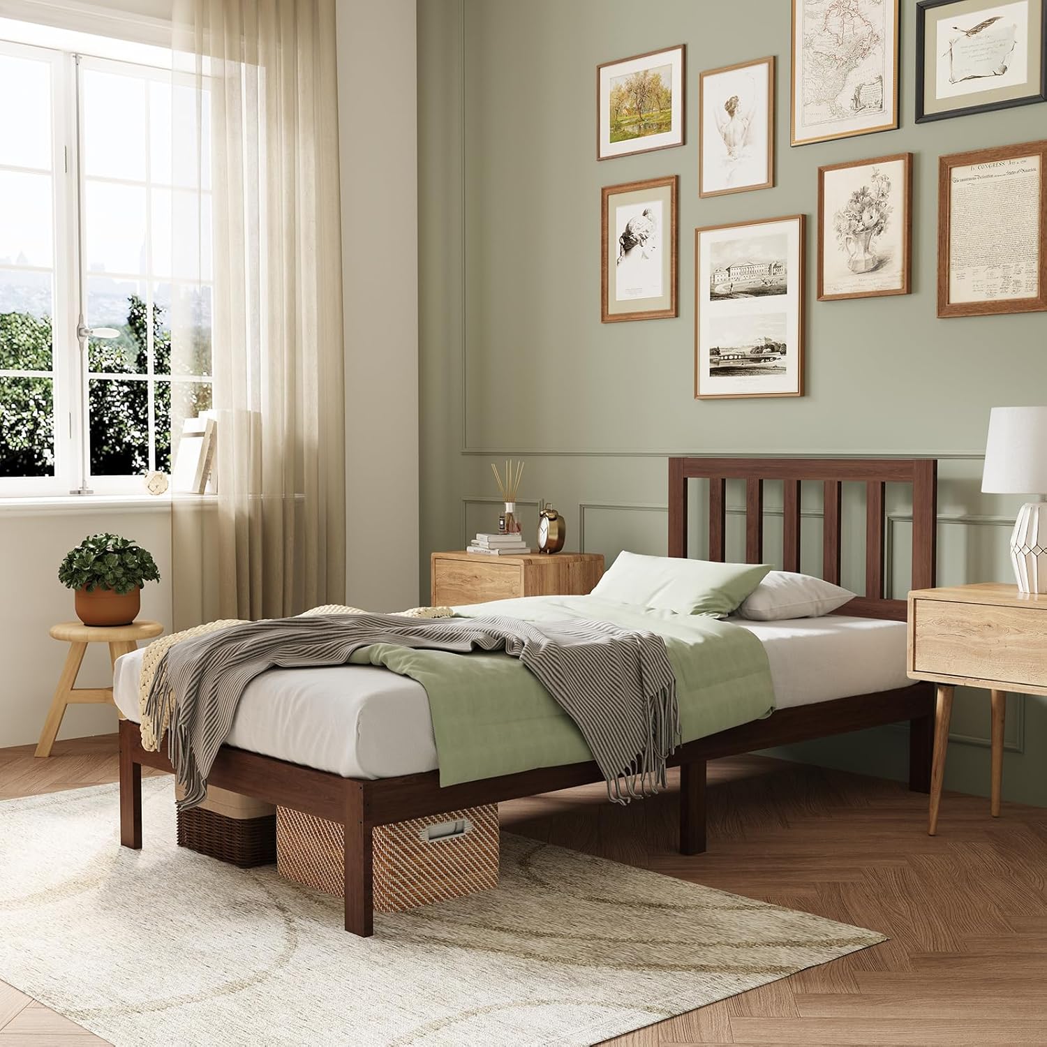 Novilla 12 Inch Twin Bed Frames Wood Twin Size Bed Frame with Classic Headboard Solid Wooden Twin BedFrame No Box Spring Needed, Easy Assembly,Walnut