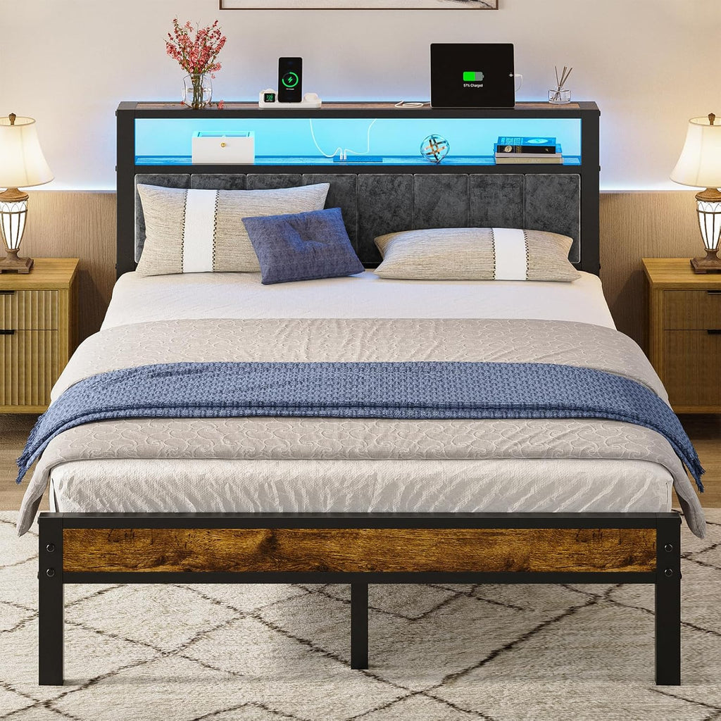 Liians Queen Size Bed Frame with 2-Tier Storage Shelves Headboard, Platform Bed with Charging Station, LED Lights No Box Spring Needed Noise Free