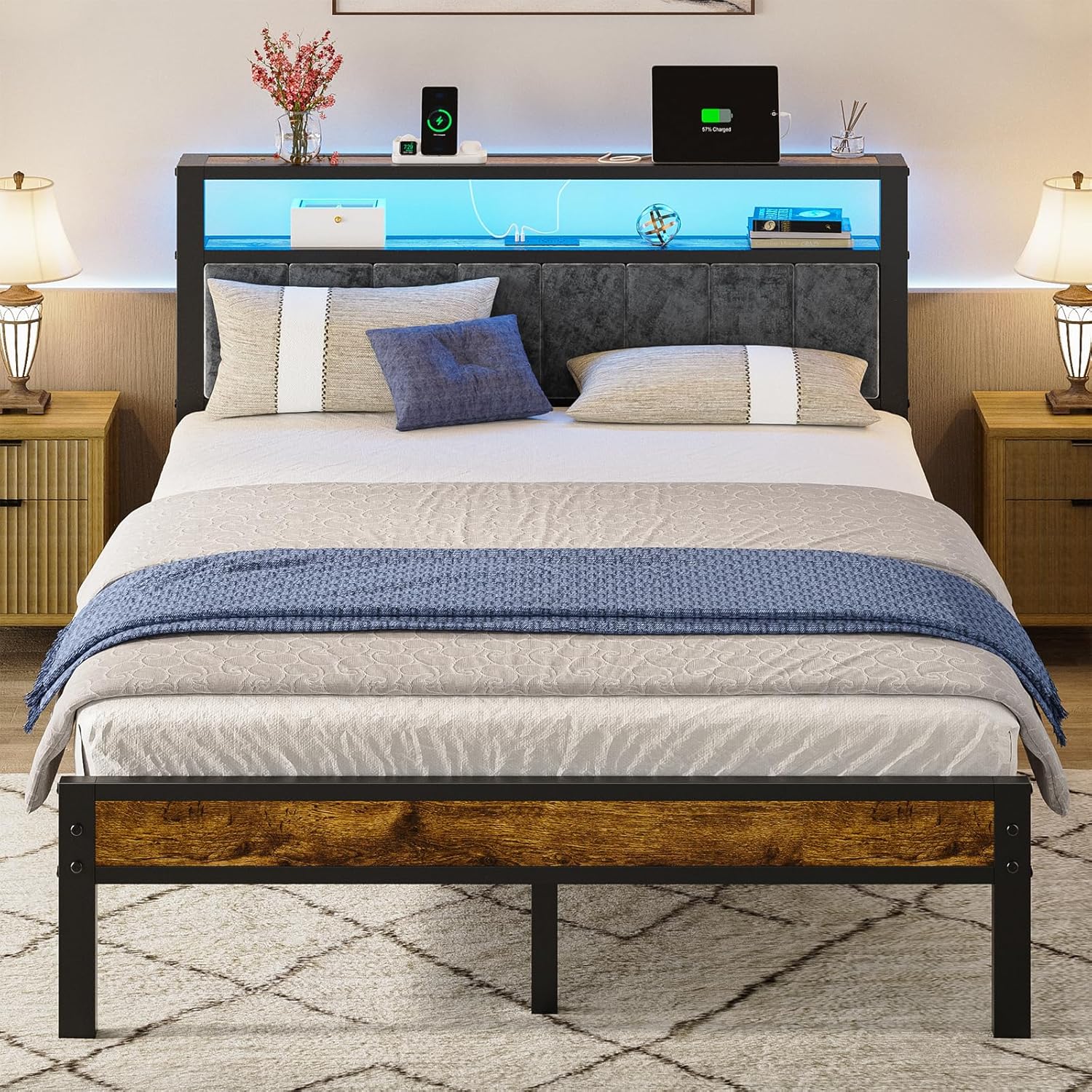 Liians Queen Size Bed Frame with 2-Tier Storage Shelves Headboard, Platform Bed with Charging Station, LED Lights No Box Spring Needed Noise Free