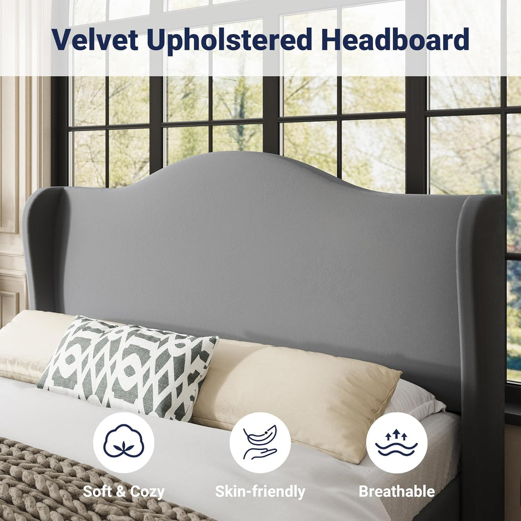 Allewie Queen Size Bed Frame, Upholstered Wingback Platform with 47" Tall Tufted Headboard, Plush Velvet Fabric, Modern Minimalist Design, No Box Spring Required, Tool-Free Assembly, Grey