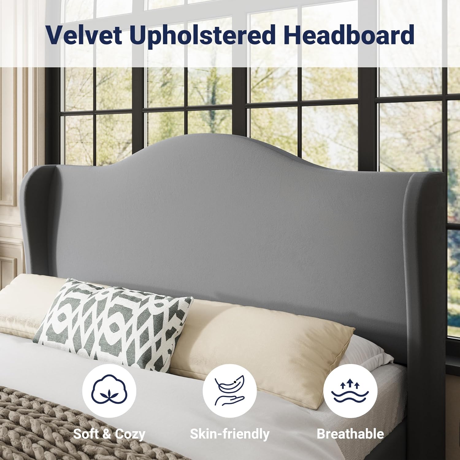 Allewie Queen Size Bed Frame, Upholstered Wingback Platform with 47" Tall Tufted Headboard, Plush Velvet Fabric, Modern Minimalist Design, No Box Spring Required, Tool-Free Assembly, Grey