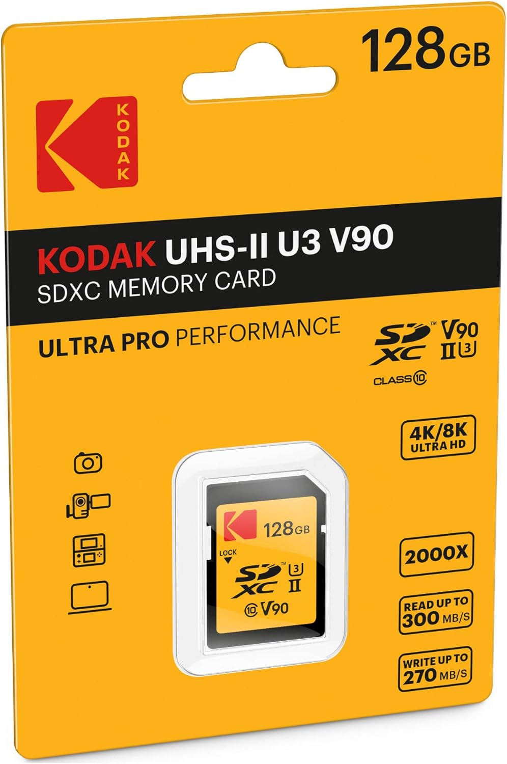 Kodak 128GB UHS-II U3 V90 Ultra Pro SDXC Memory Card - Up to 3000MB/s Read Speed and 270MB/s Write Speed
