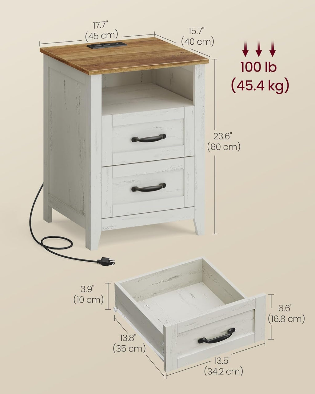 VASAGLE LIRY Collection - Farmhouse Nightstands with Charging Station, Set of 2 Bedside Tables, Side Tables with 2 Drawers, Open Compartment, for Bedroom, Rustic White and Honey Brown ULET869W01