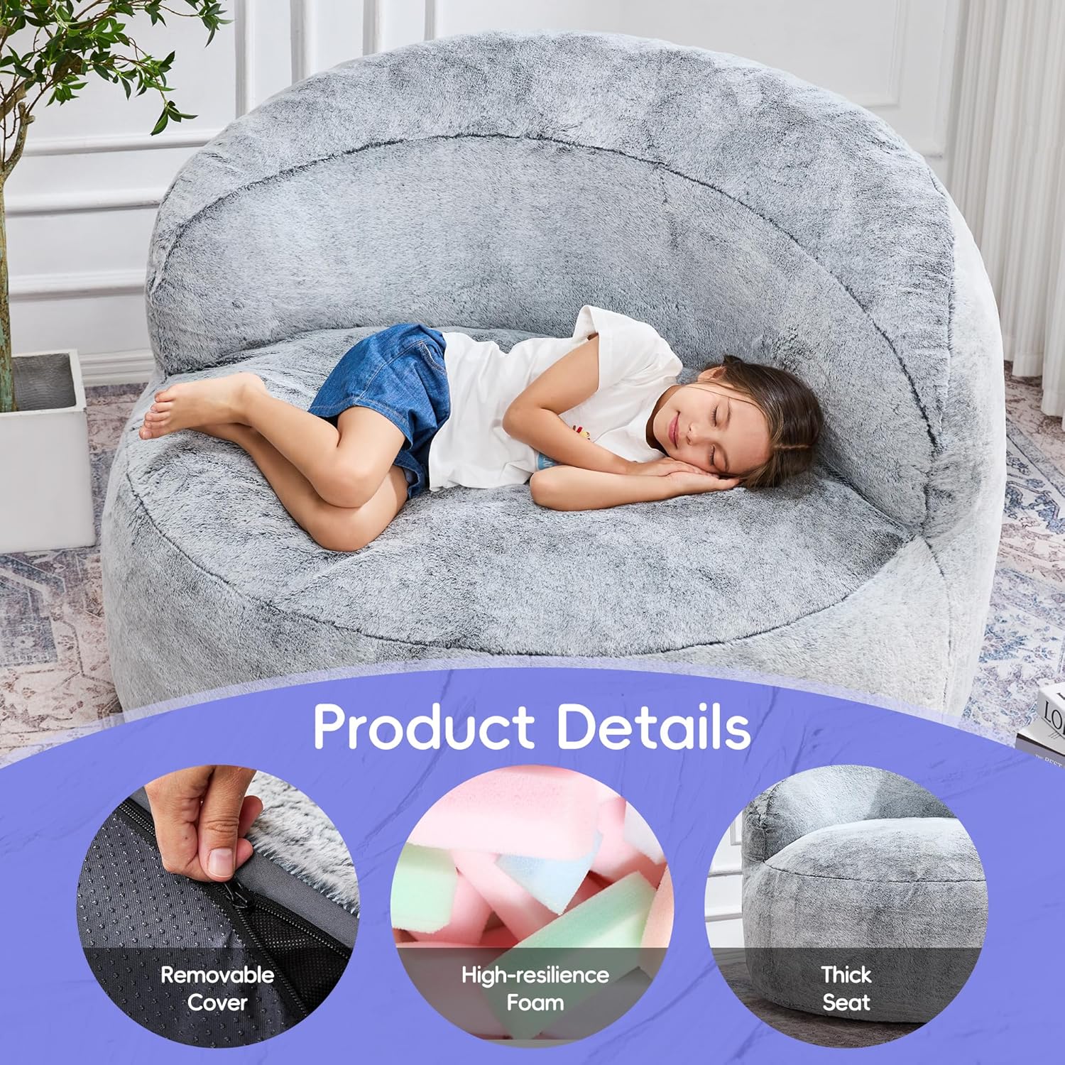 Hobestluk Bean Bag Chair Giant Bean Bag Chairs for Adults Big Bean Bag Chair with Memory Foam Filler Adults Large Beanbag with Faux Fur Cover for Bedroom (Plush Grey,Oversize)