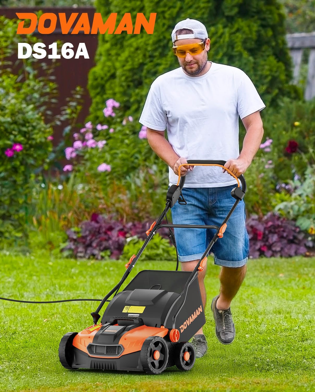 DOVAMAN DS16A 15Amp 16" 2-in-1 Electric Dethatcher and Scarifier, Lawn Dethatcher w/5-Position Depth Adjustment, Quick-Fold, 12 Gal Collection Bag, Yard Trimmer for Gardening Care and Lawn Maintenance