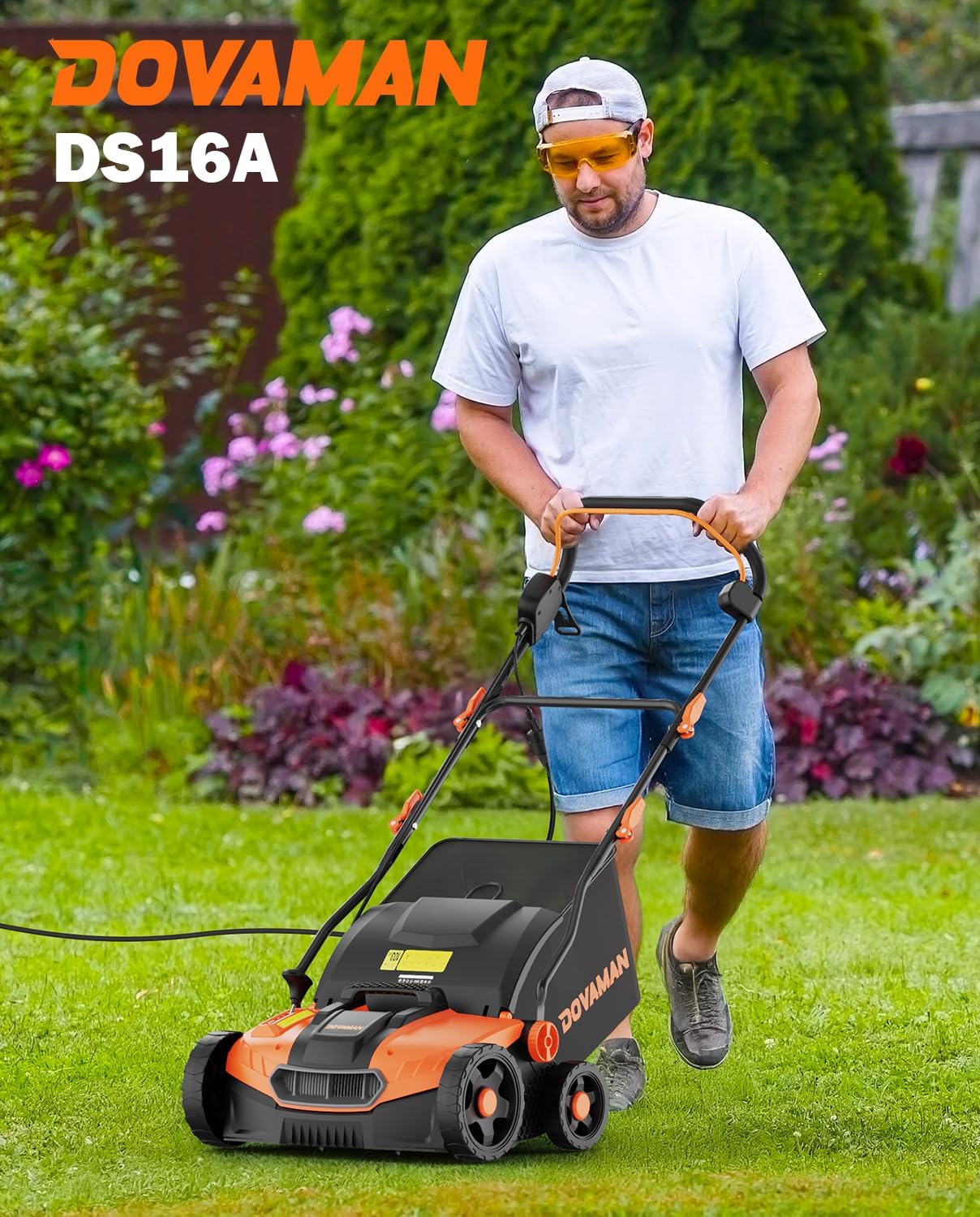DOVAMAN DS16A 15Amp 16" 2-in-1 Electric Dethatcher and Scarifier, Lawn Dethatcher w/5-Position Depth Adjustment, Quick-Fold, 12 Gal Collection Bag, Yard Trimmer for Gardening Care and Lawn Maintenance
