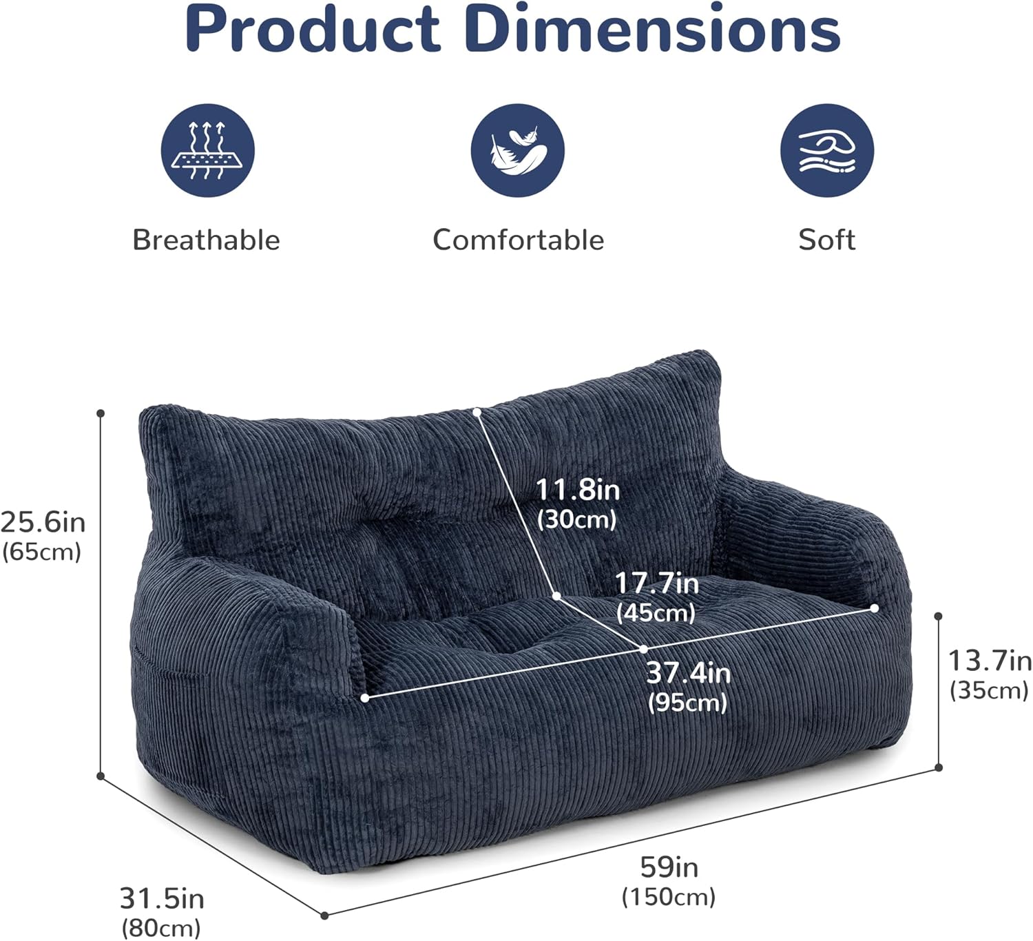 59" Bean Bag Chair,2 Seat Loveseat Sofa,Corduroy Lazy Sofa Bed for Adults,Fit Living Room, Bedroom,Outdoor Spaces,Ultra Soft Dutch Velvet,Fluffy Comfort Washable Cover,72h Rebound,Blue